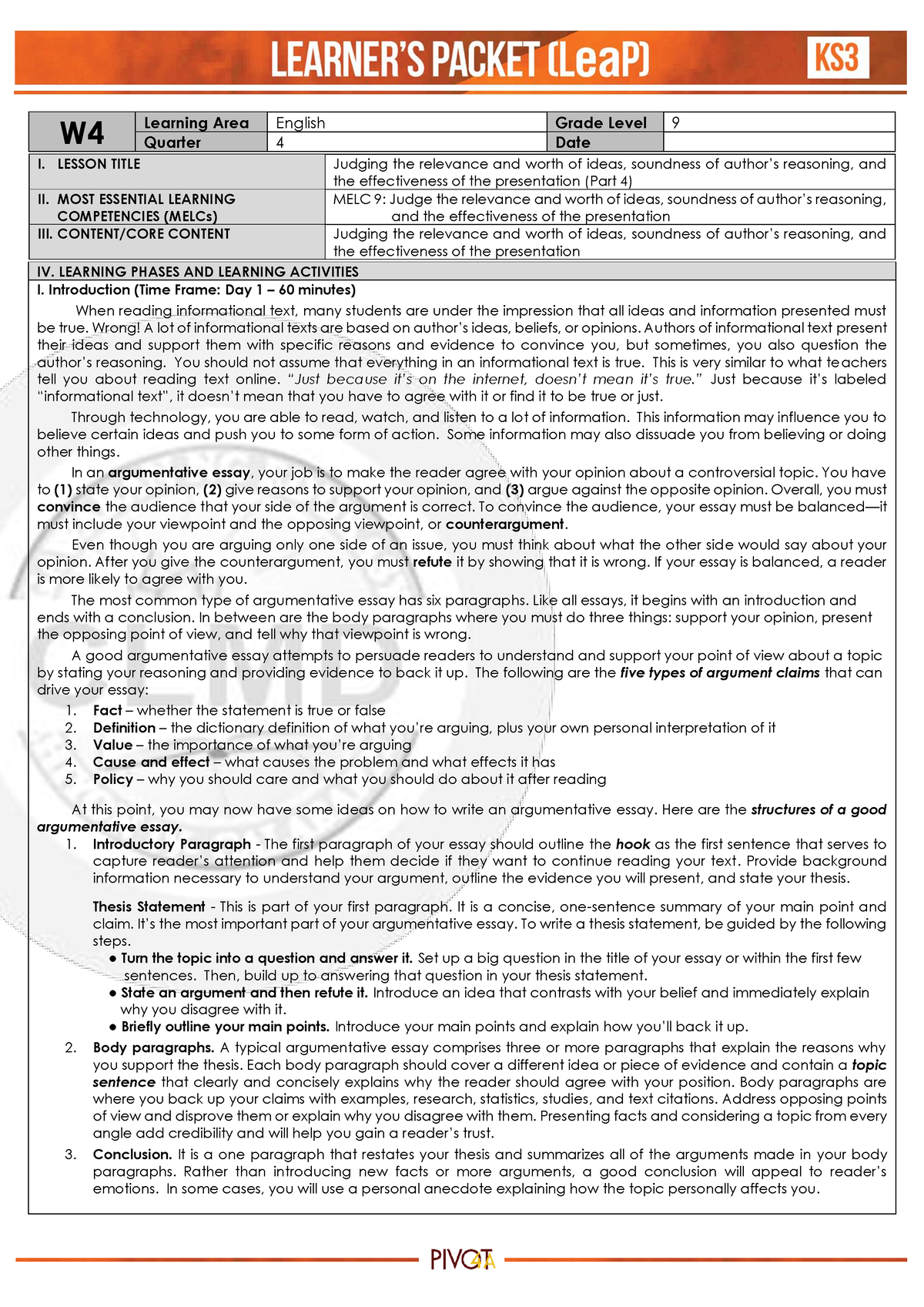 Q4 English 9 Week4 - Please Be Guided. - W Learning Area English Grade ...