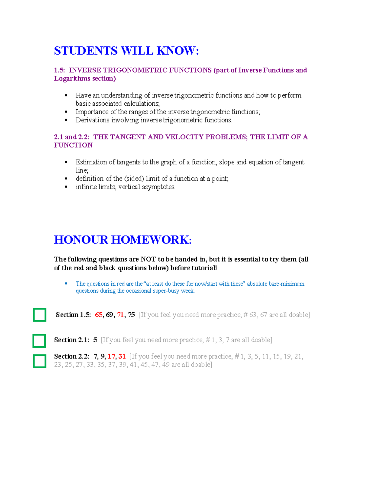 Calc Homework 1 - calculus 1 practice set - STUDENTS WILL KNOW: 1 ...