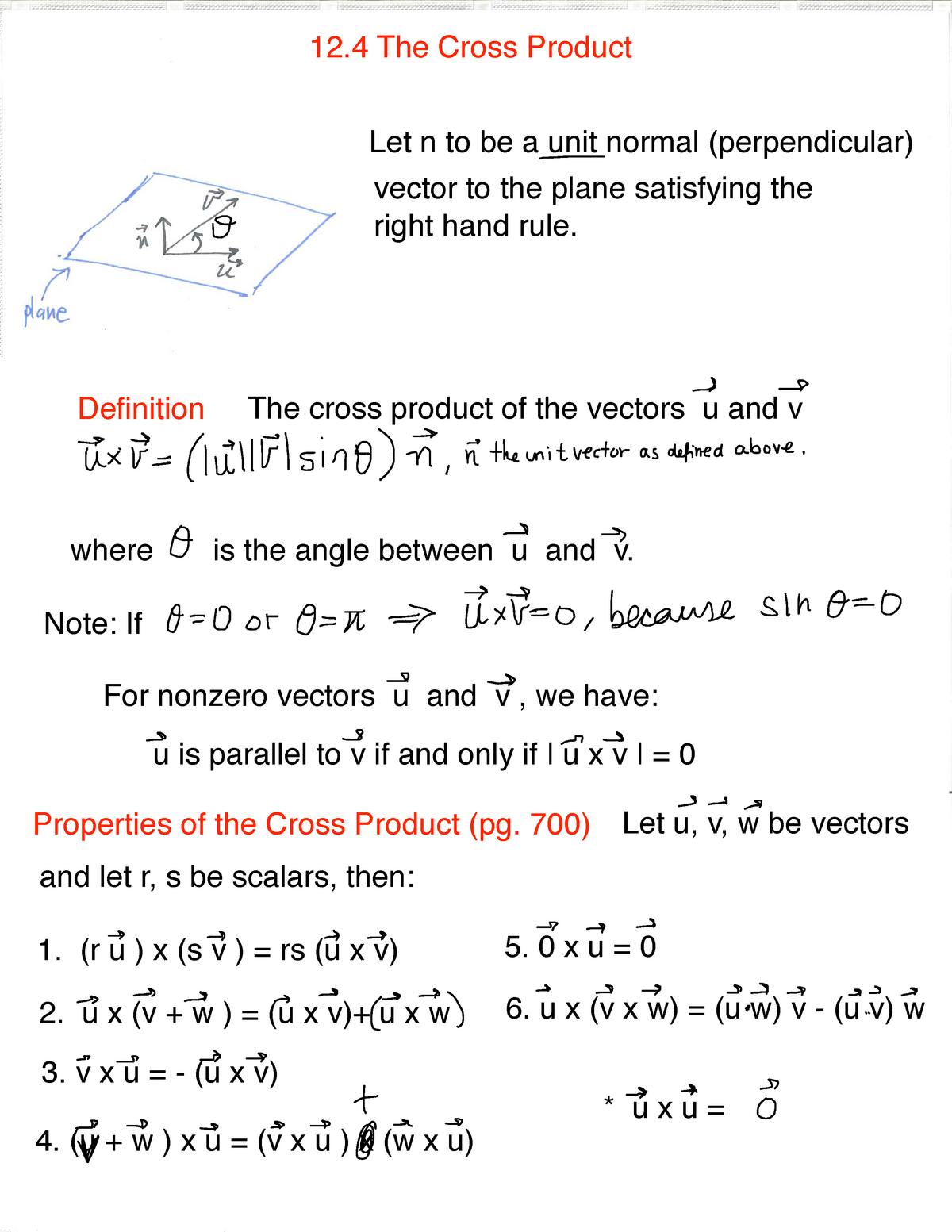 Lecture Notes Lecture Chapter 12 4 12 The Cross Product Let To Be Unit Normal Perpendicular Vector To The Plane Satisfying The Right Hand Rule Definition The Studocu