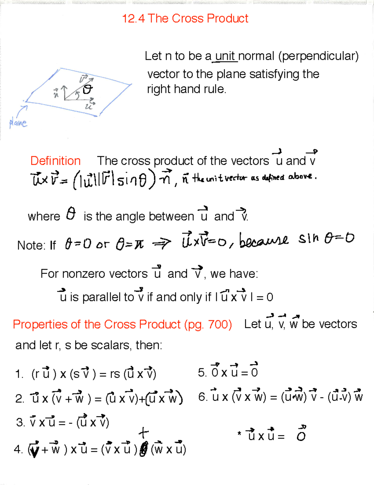 Lecture Notes Lecture Chapter 12 4 12 The Cross Product Let To Be Unit Normal Perpendicular Vector To The Plane Satisfying The Right Hand Rule Definition The Studocu