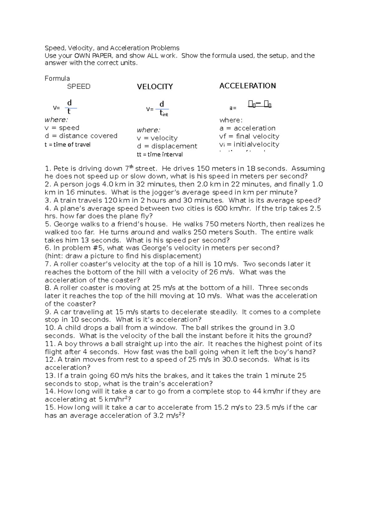 Speed Velocity And Acceleration Calculations Worksheet With Answers