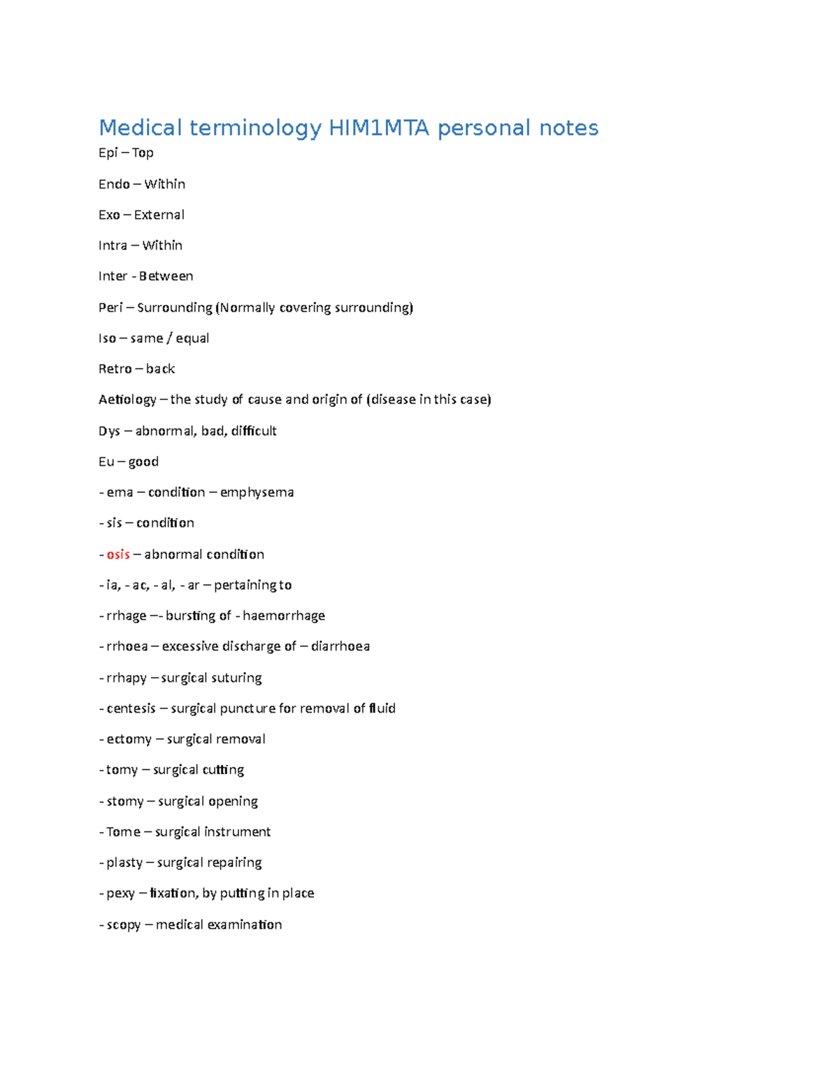 Medical Terminology Him1Mta Personal Notes LaTrobe StuDocu
