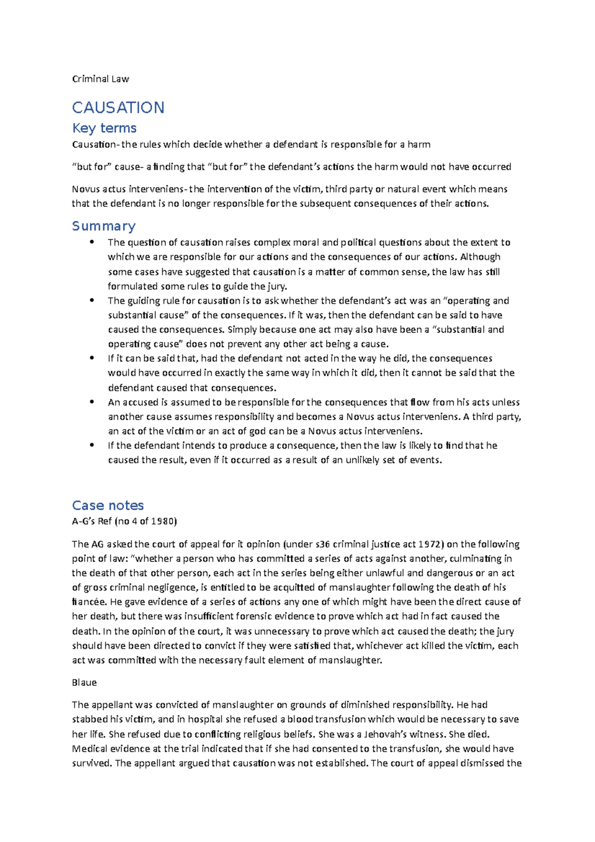 Criminal Law notes - Criminal Law CAUSATION Key terms Causaion- the ...