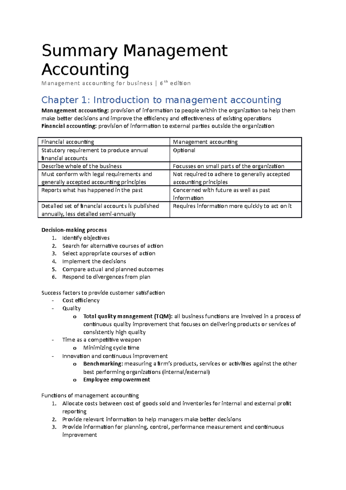 Summary - Samenvatting Boek - Management Accounting En Management ...