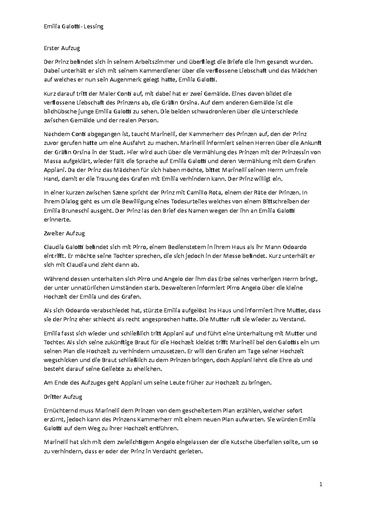 Emilia Galotti Erster Aufzug Zusammenfassung Emilia Galotti Lessing - Emilia Galotti- Lessing Erster Aufzug Der