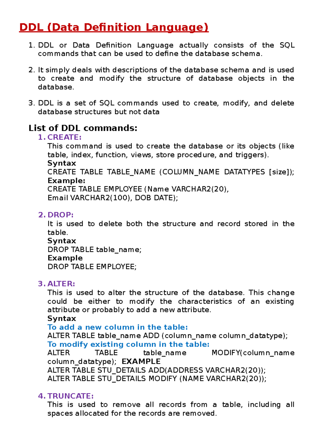 DBMS UNIT-2 - dbms notes - DDL (Data Definition Language) 1. DDL or ...