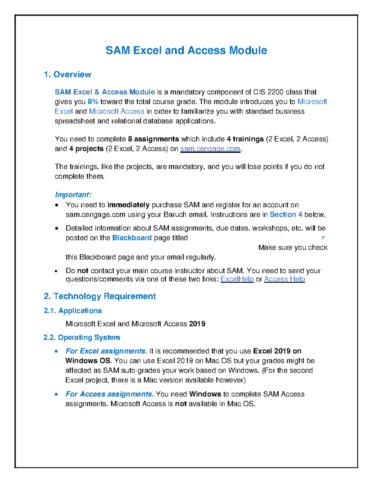 Syllabus Fall2021 SAM Module - SAM Excel and Access Module 1. Overview ...