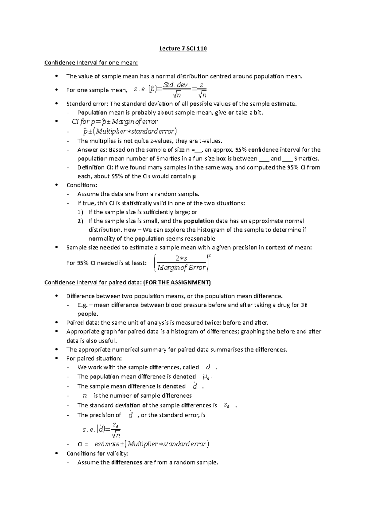 Confidence Intervals - Lecture 7 SCI 110 Confidence Interval for one ...
