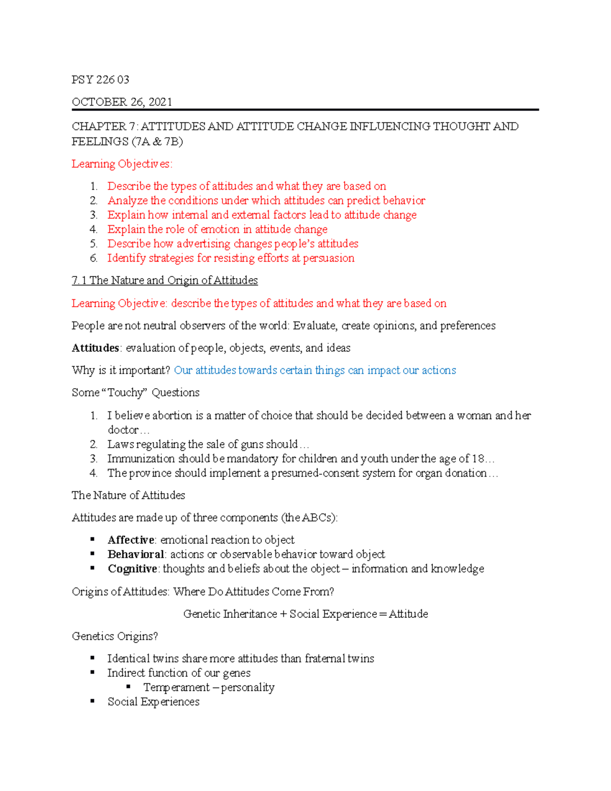 OCT 26 PSY 226 - PSY 226 03 OCTOBER 26, 2021 CHAPTER 7: ATTITUDES AND ...