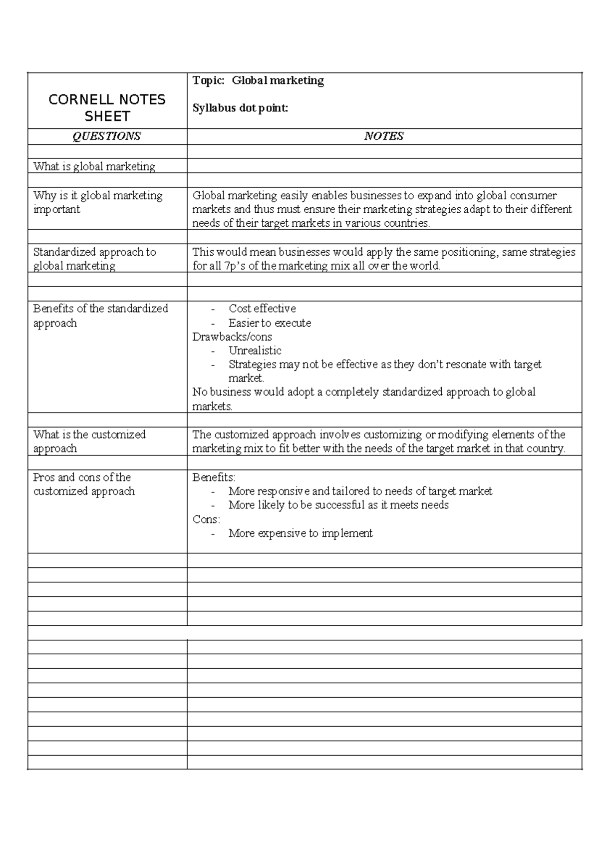 Cornell Notes Global marketing - CORNELL NOTES SHEET Topic: Global ...