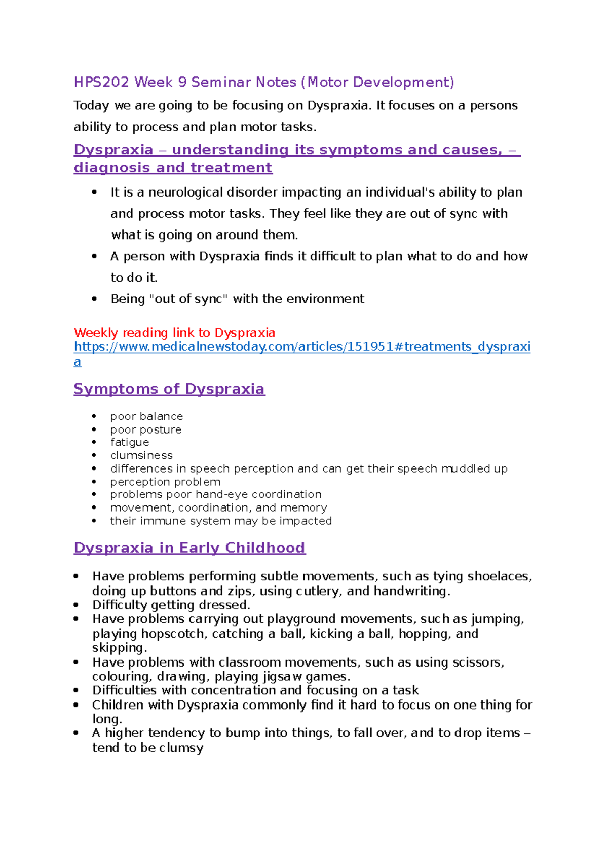 HPS202 Week 9 Seminar - HPS202 Week 9 Seminar Notes (Motor Development ...