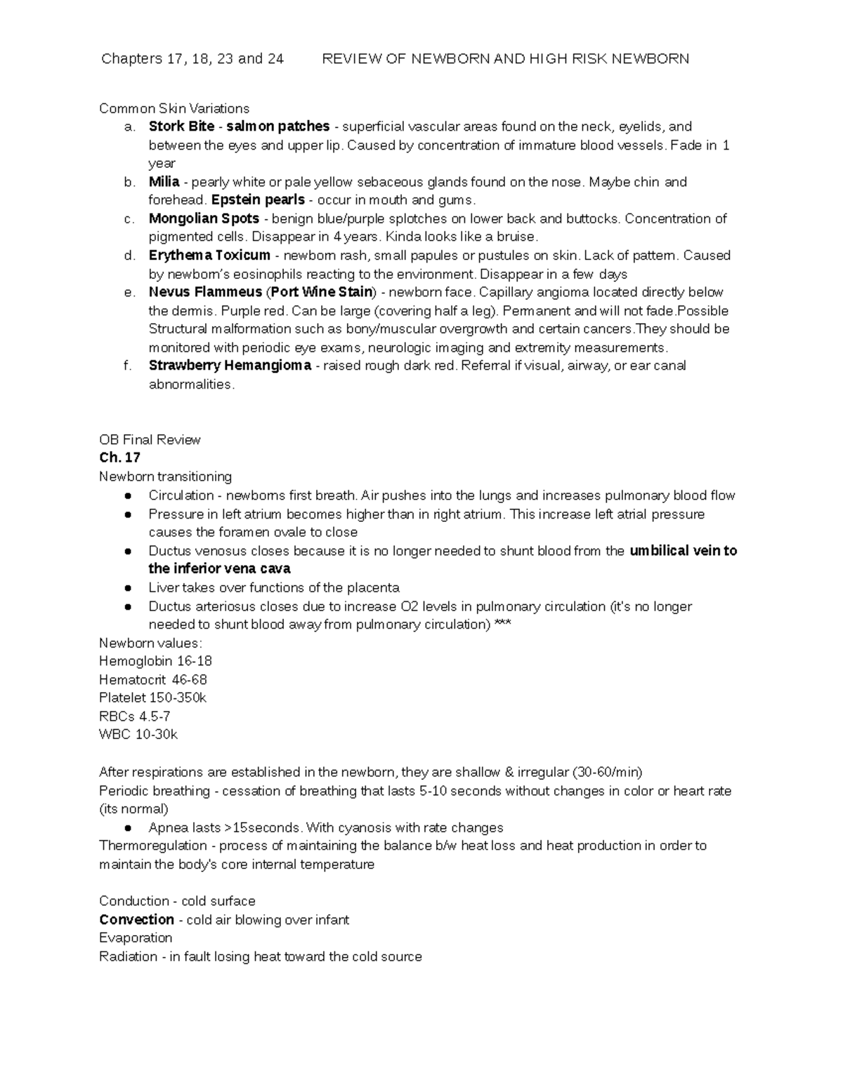 OB Finals Review chapter 17 18 23 24 - Common Skin Variations a. Stork ...