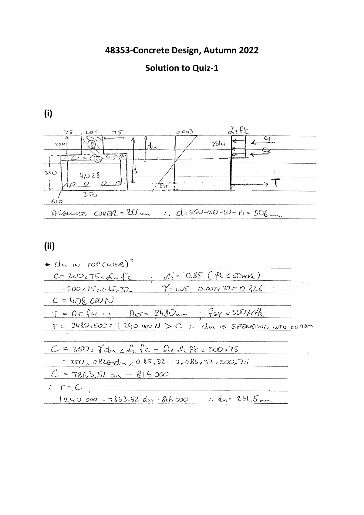 48353-Concrete Design-Solution To Quiz-1 - 048353 - 48353 -Concrete ...