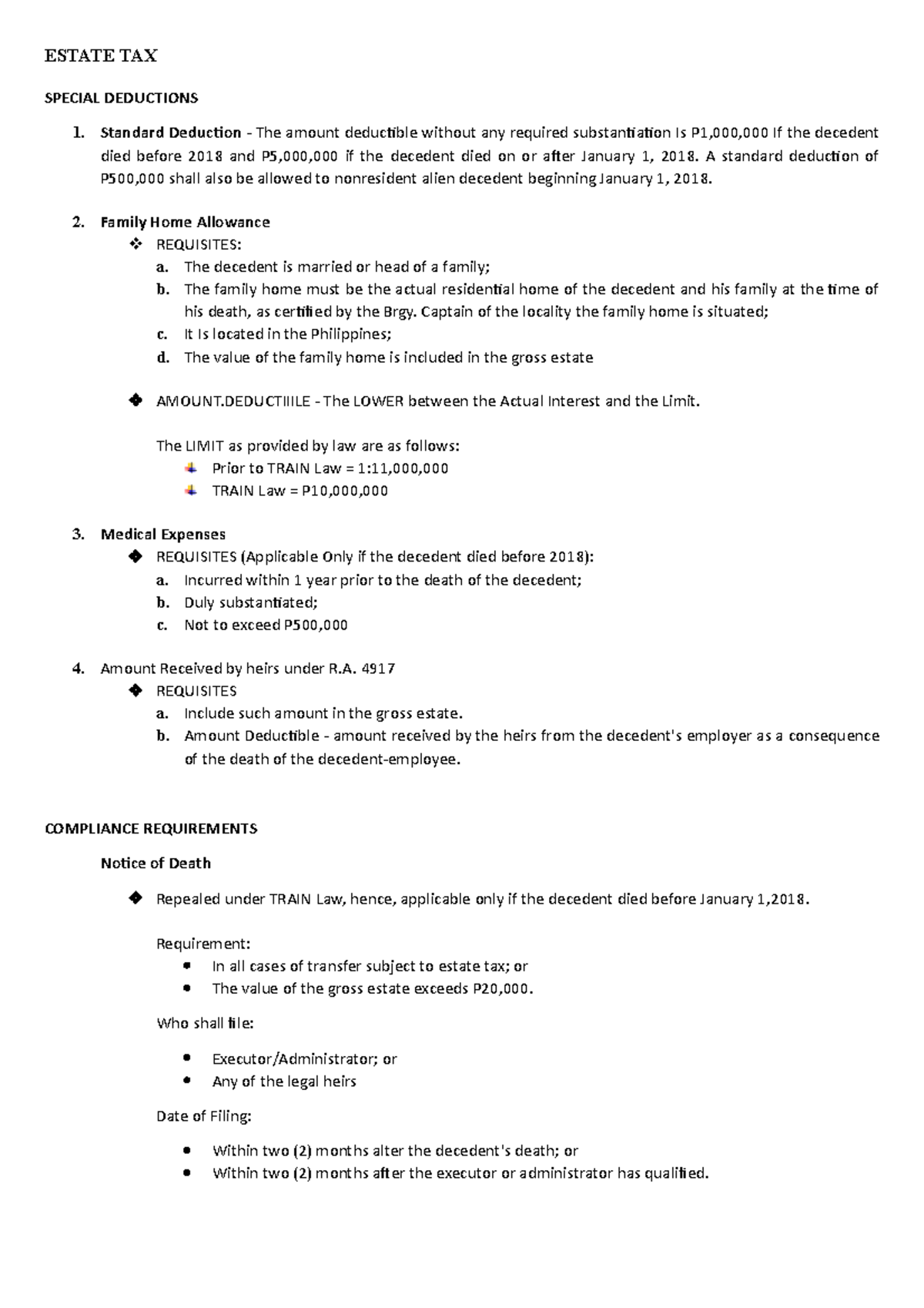 Estate TAX tax ESTATE TAX SPECIAL DEDUCTIONS Standard Deduction
