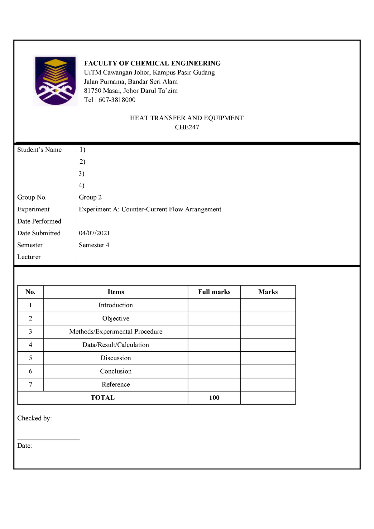 Lab Report Experiment B: Counter-current Experiment - FACULTY OF ...