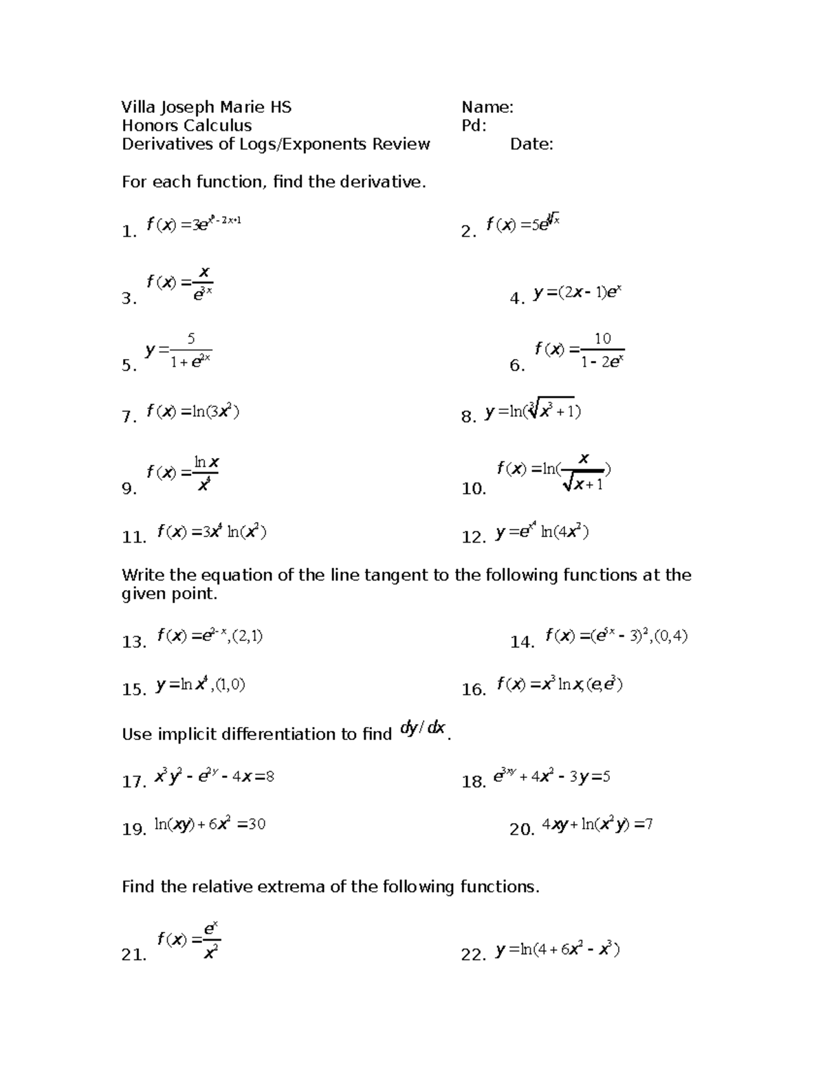 Log and e Deriv Test Review Problems Villa Joseph Marie HSHonors