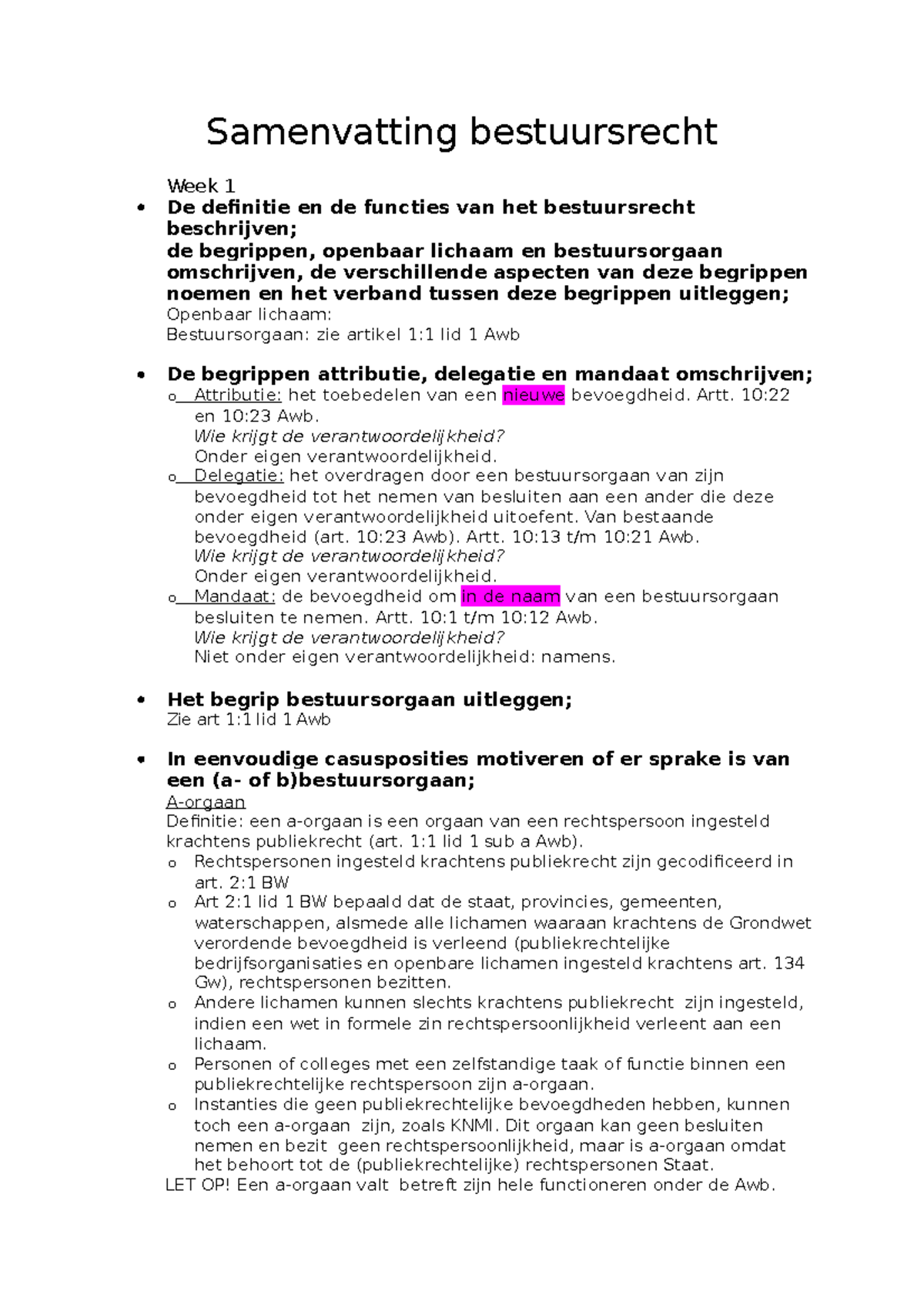 Samenvatting Bestuursrecht Jaar 1 Week 1 T/m 7 - Samenvatting ...