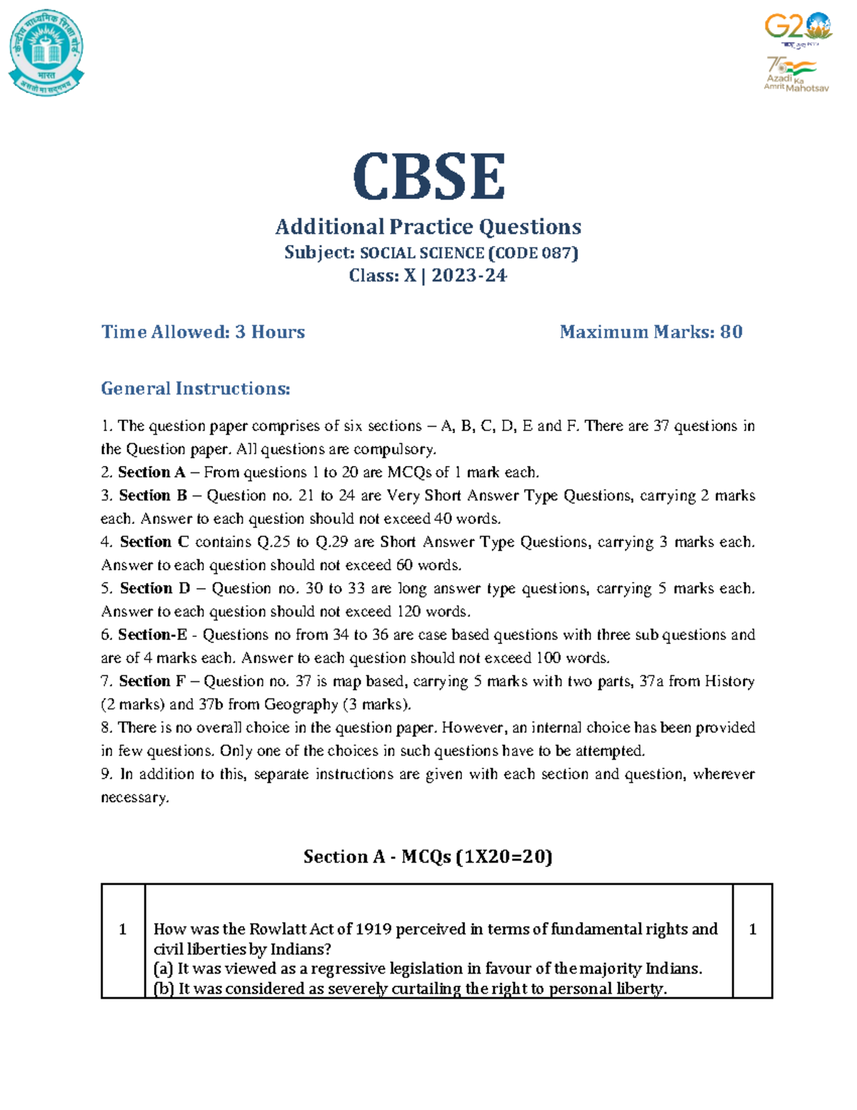 SS-PQ - brhu - CBSE Additional Practice Questions Subject: SOCIAL ...