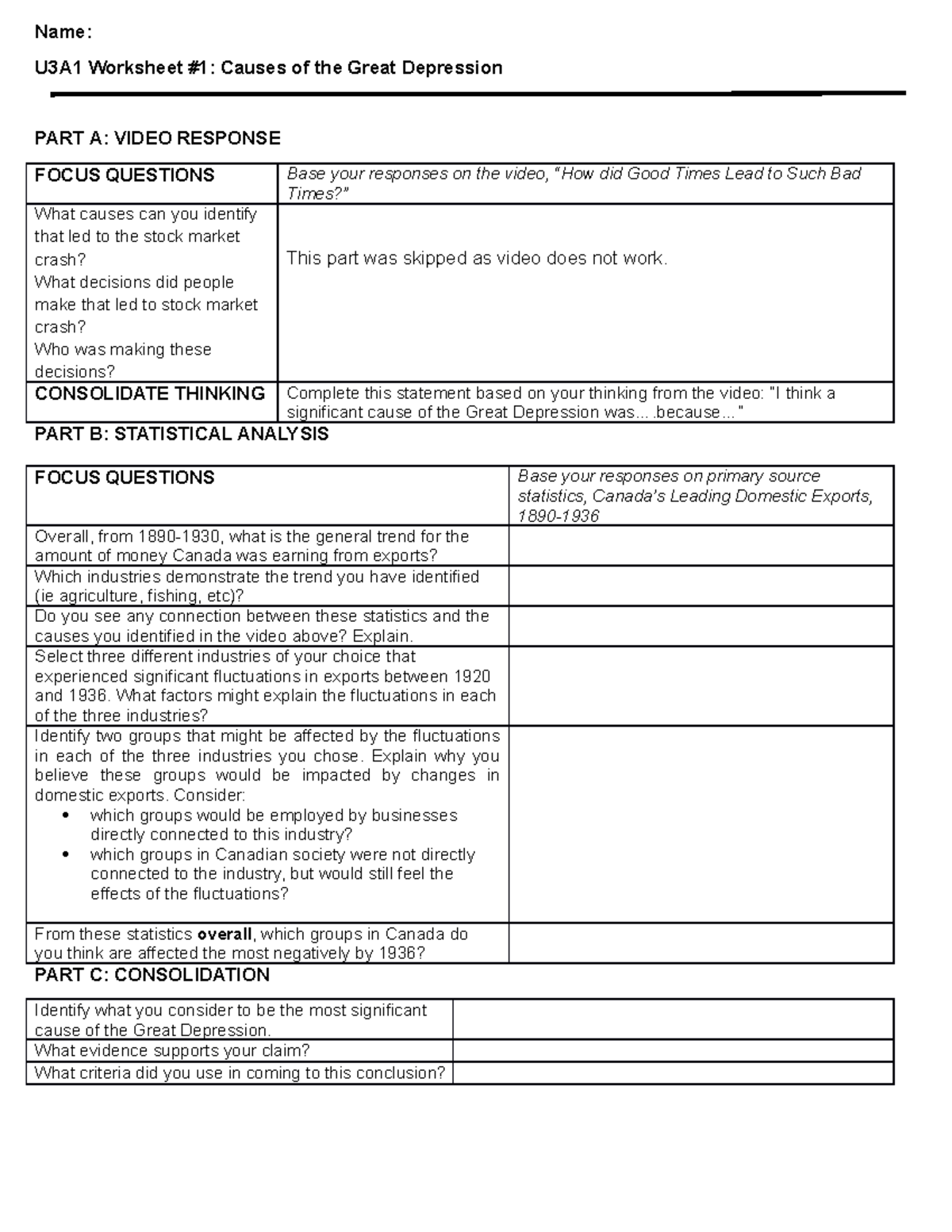 U3A1 Worksheet 1 Causes - Name: U3A1 Worksheet #1: Causes of the Great ...