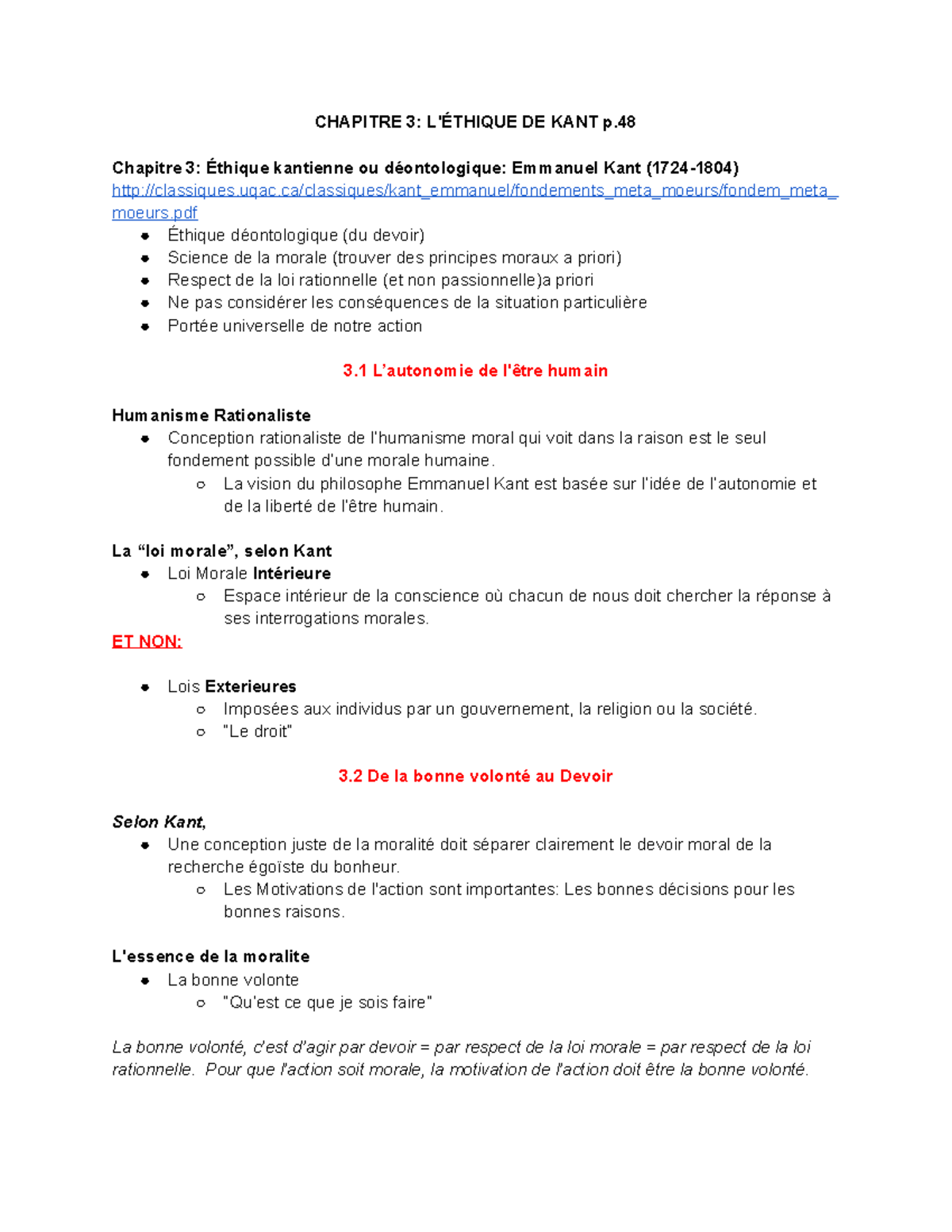 Phi1502 Cours 4 Chapitre 3-4 - CHAPITRE 3: L'ÉTHIQUE DE KANT P ...