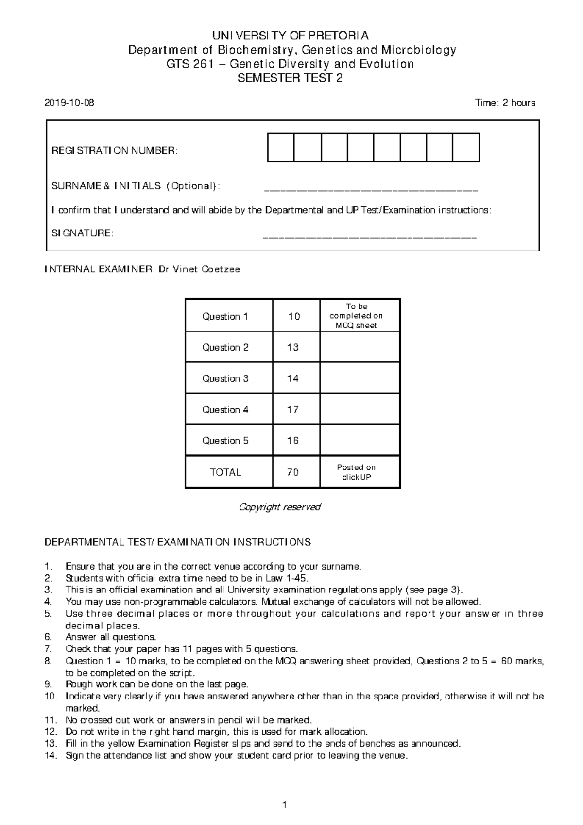 GTS 261 SMT 2 Final - past papers - UNIVERSITY OF PRETORIA Department ...