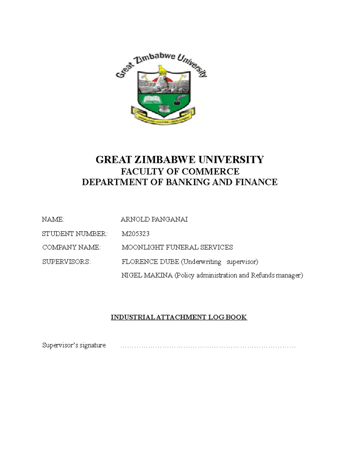 LOG BOOK 2 - log book - GREAT ZIMBABWE UNIVERSITY FACULTY OF COMMERCE