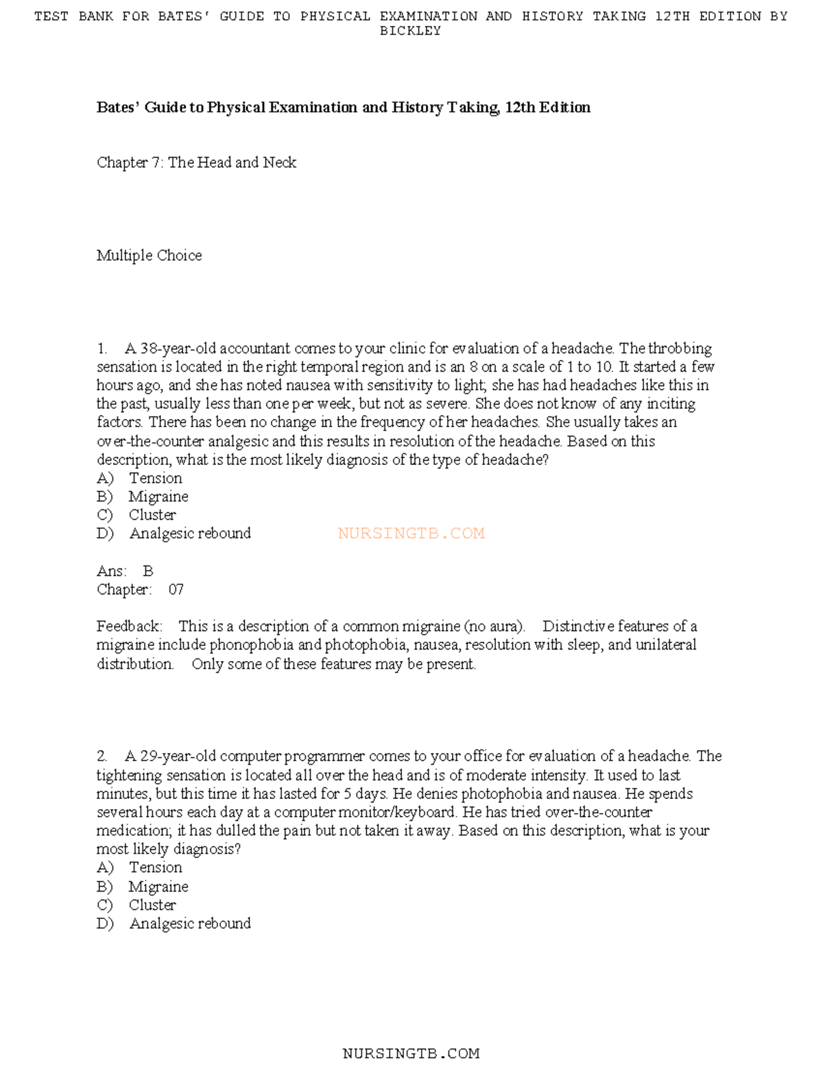 Bates 12th Edition Chapter 7 Practice Questions N U R S I N G T B. C
