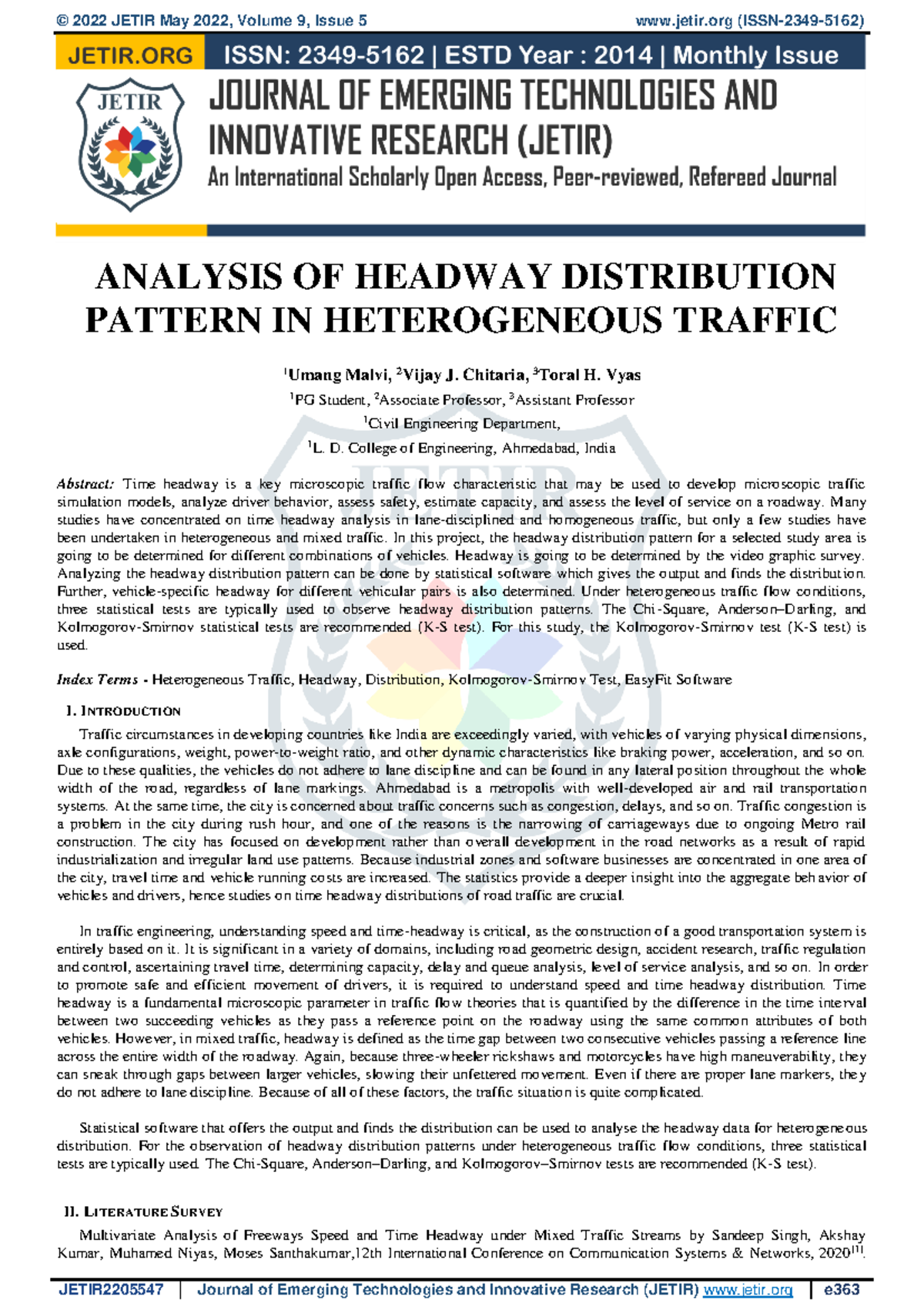 Jetir 2205547 - Transport Engineering - ANALYSIS OF HEADWAY ...