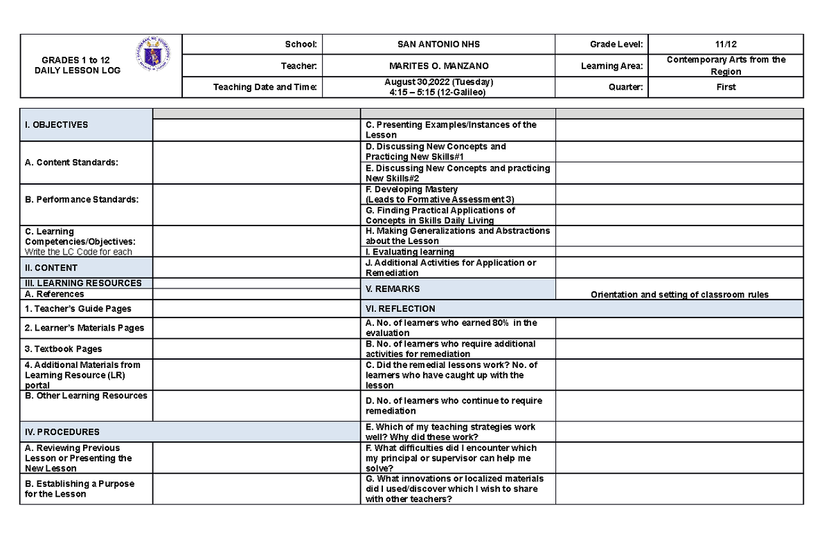 Week 1 Contemorary Arts - GRADES 1 to 12 DAILY LESSON LOG School: SAN ...