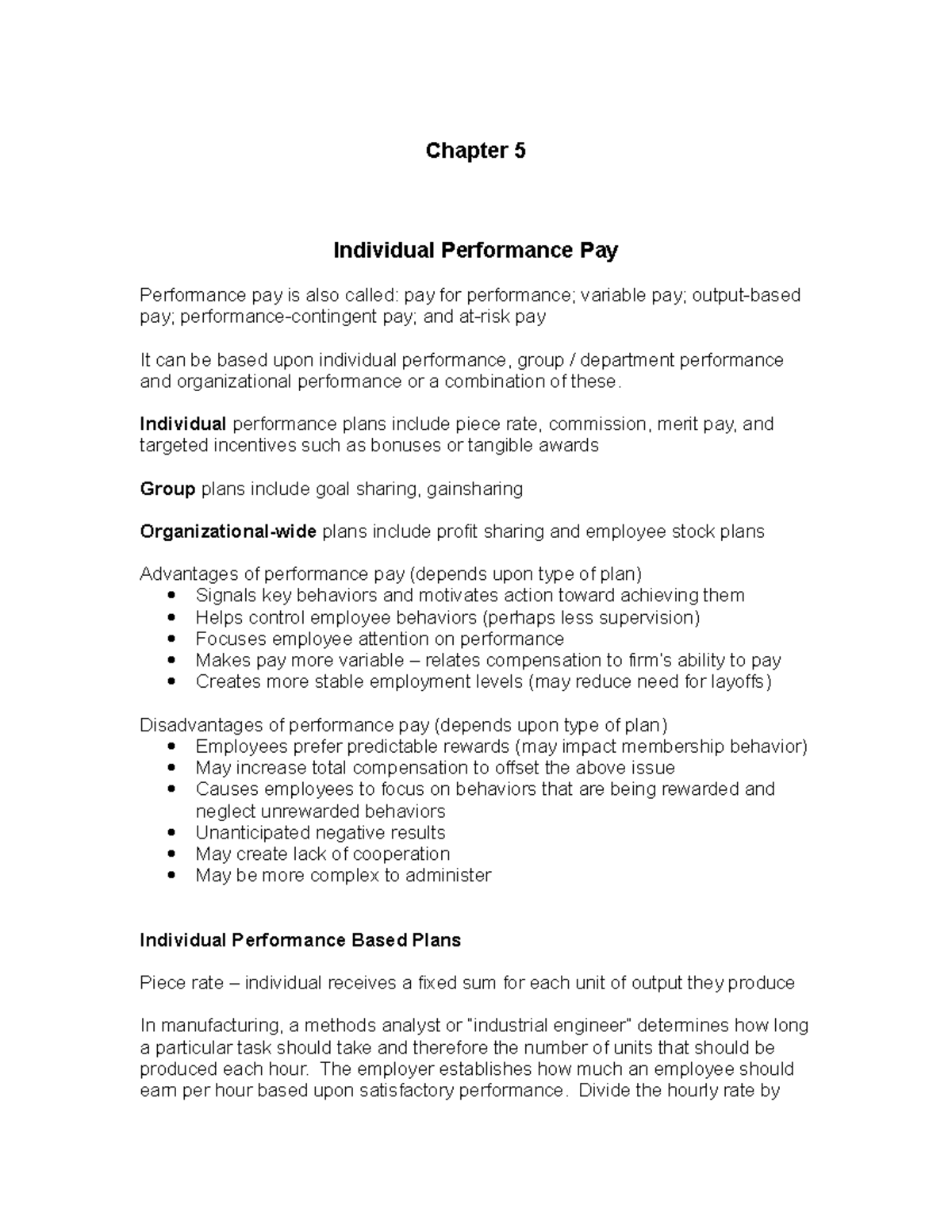 Lecture Notes Chapter 5 - Chapter 5 Individual Performance Pay ...
