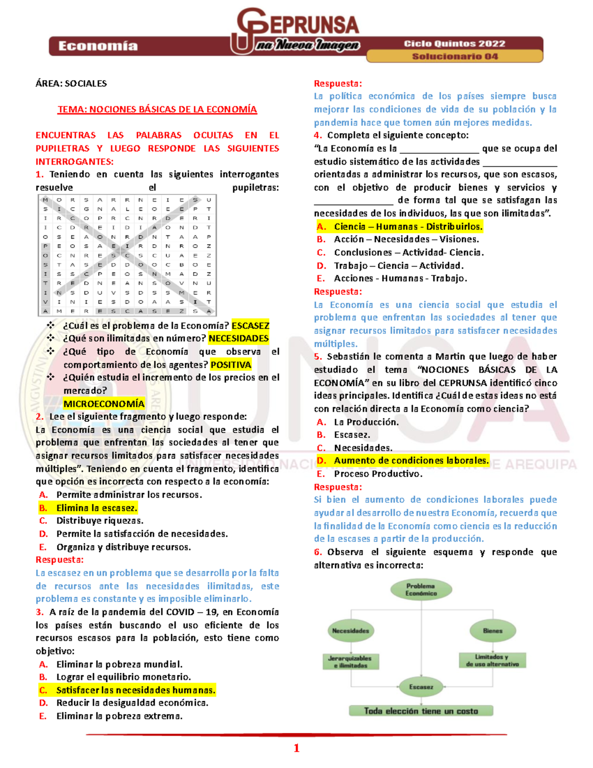 07 Economía Solucionario 04 Ceprunsa 2022 Quintos - ÁREA: SOCIALES TEMA ...