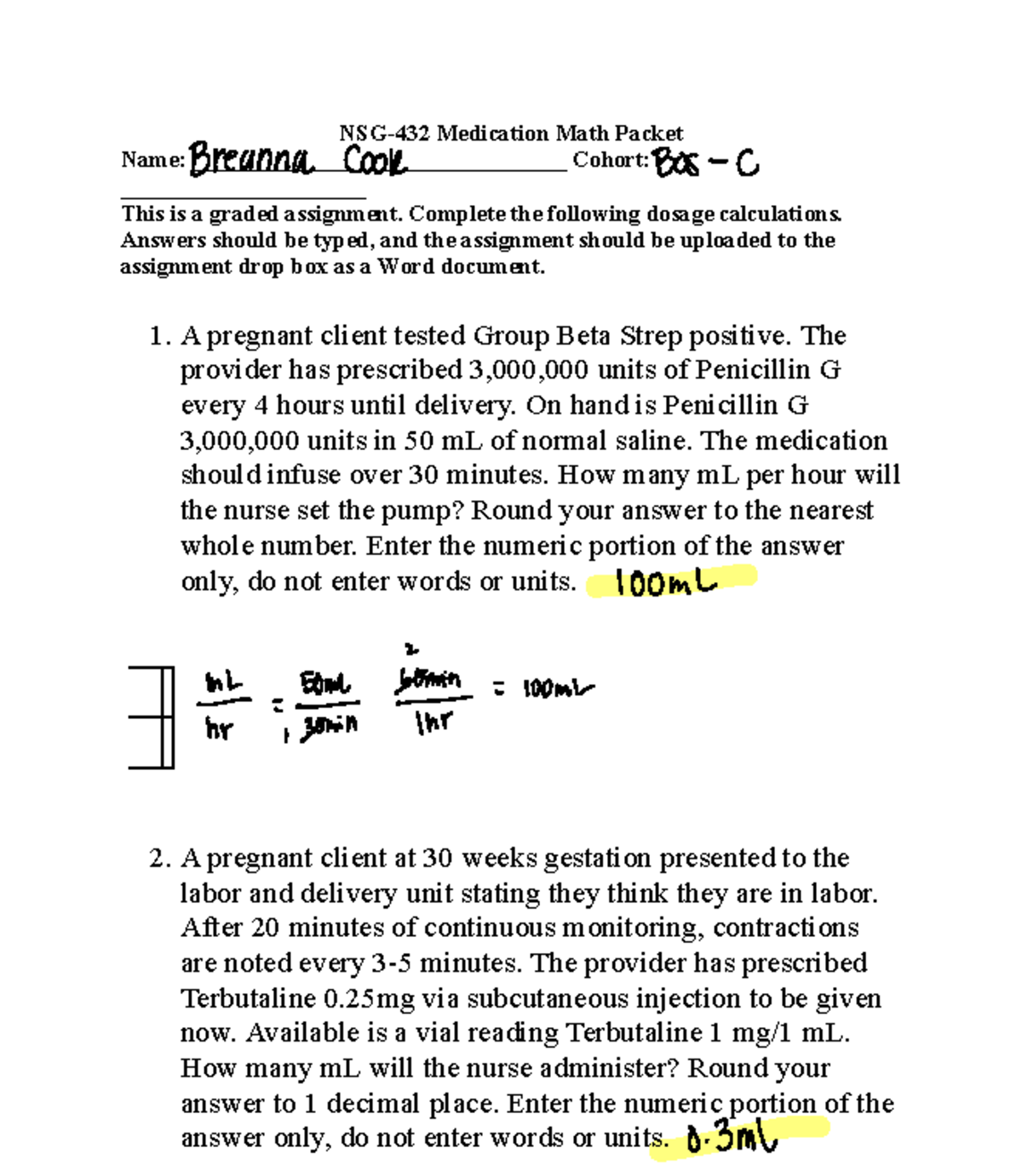 432 Medication Math- Student - NSG-432 Medication Math Packet Name