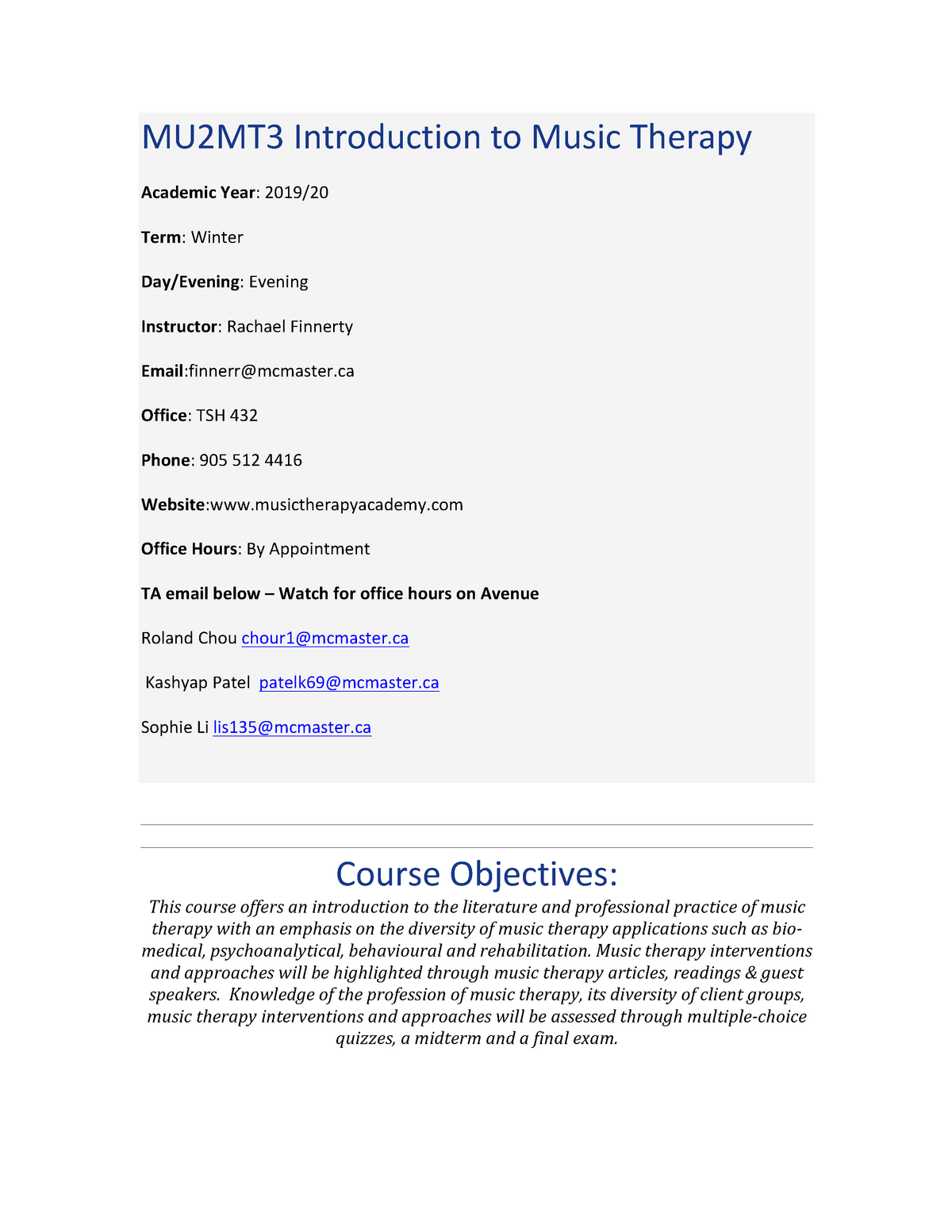 Course Outline 2MT3 2020 Winter - MU2MT3 Introduction to Music Therapy ...