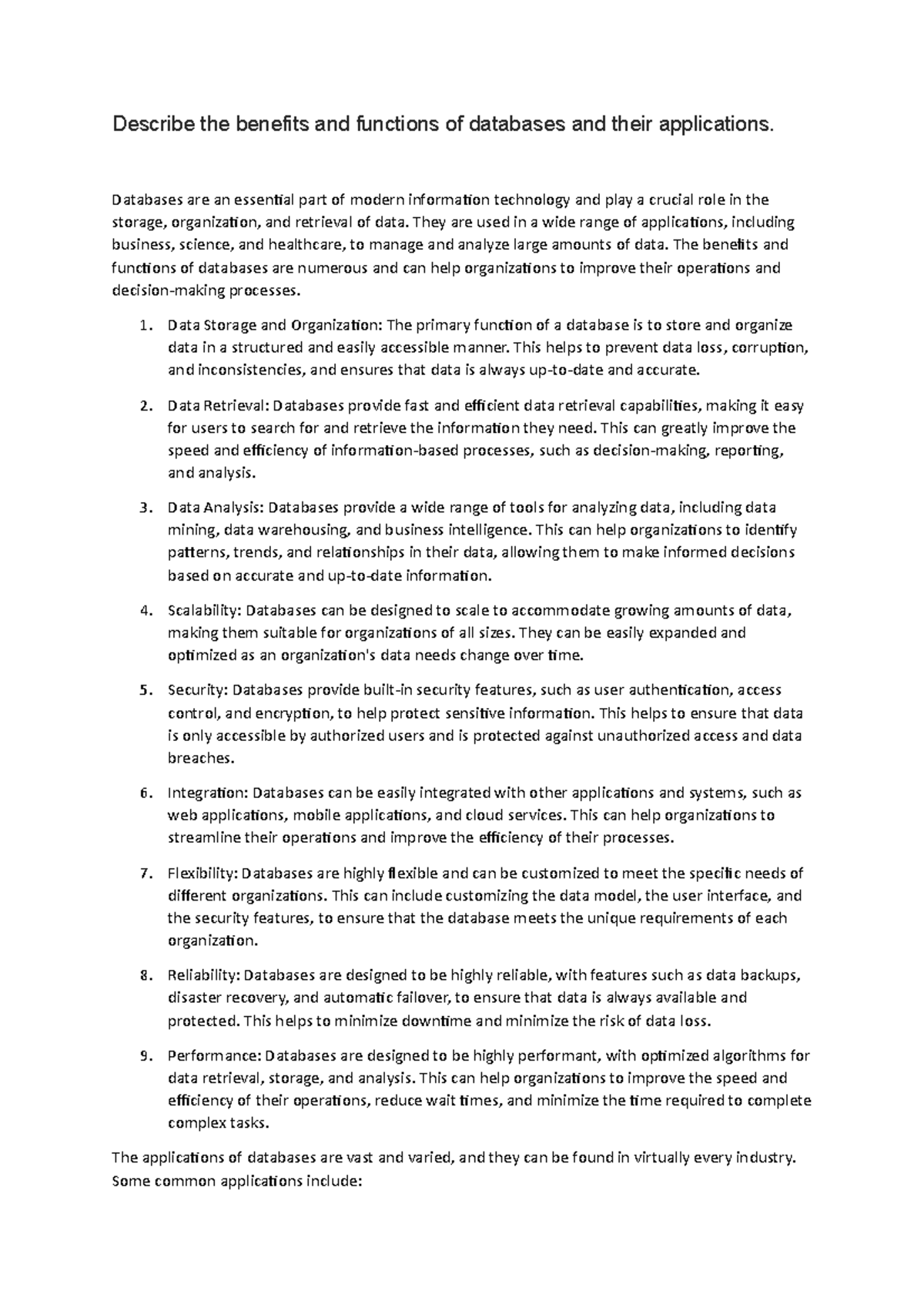 Exam Questions 3 - Benefits and functions of databases and their ...