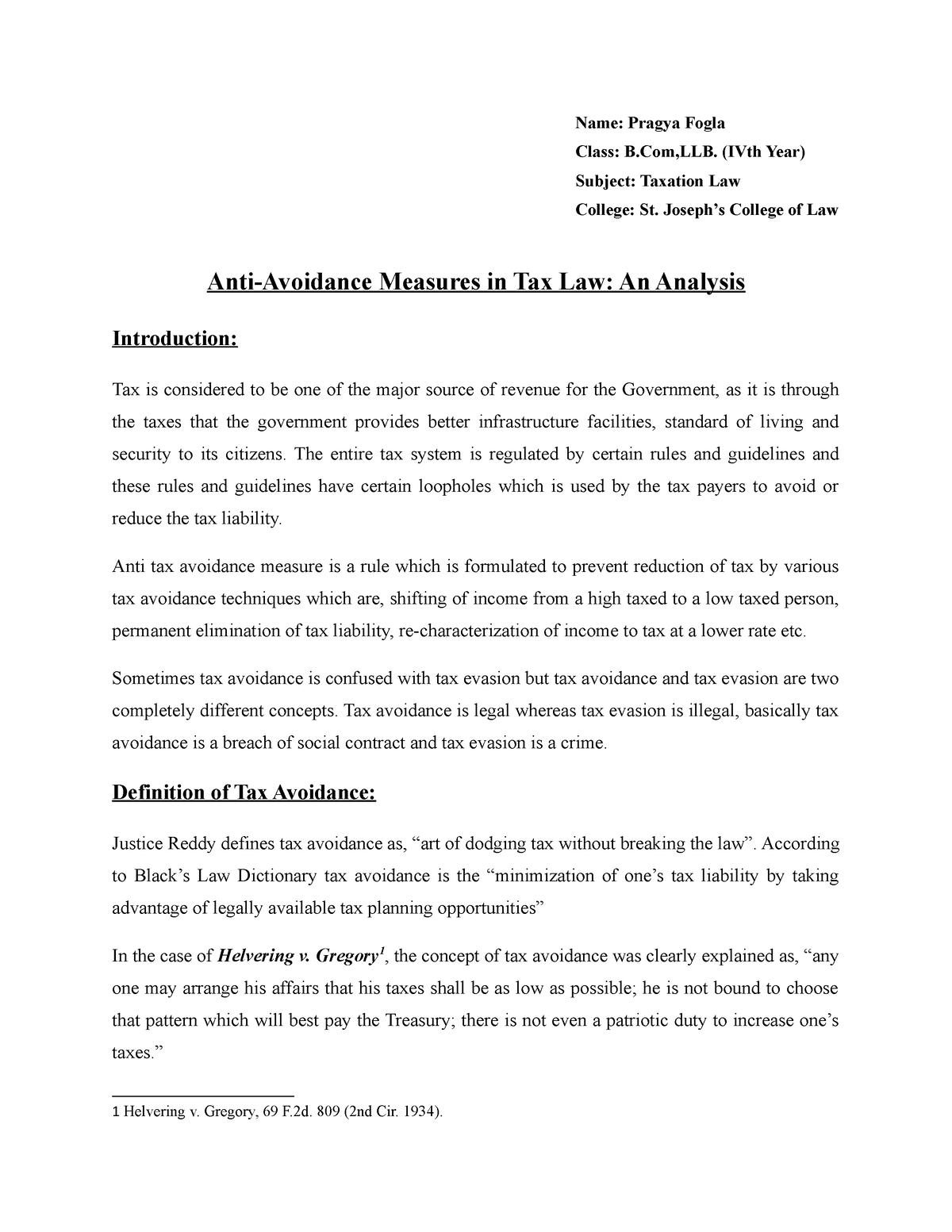 Tax Law Assignment - Name: Pragya Fogla Class: B,LLB. (IVth Year ...