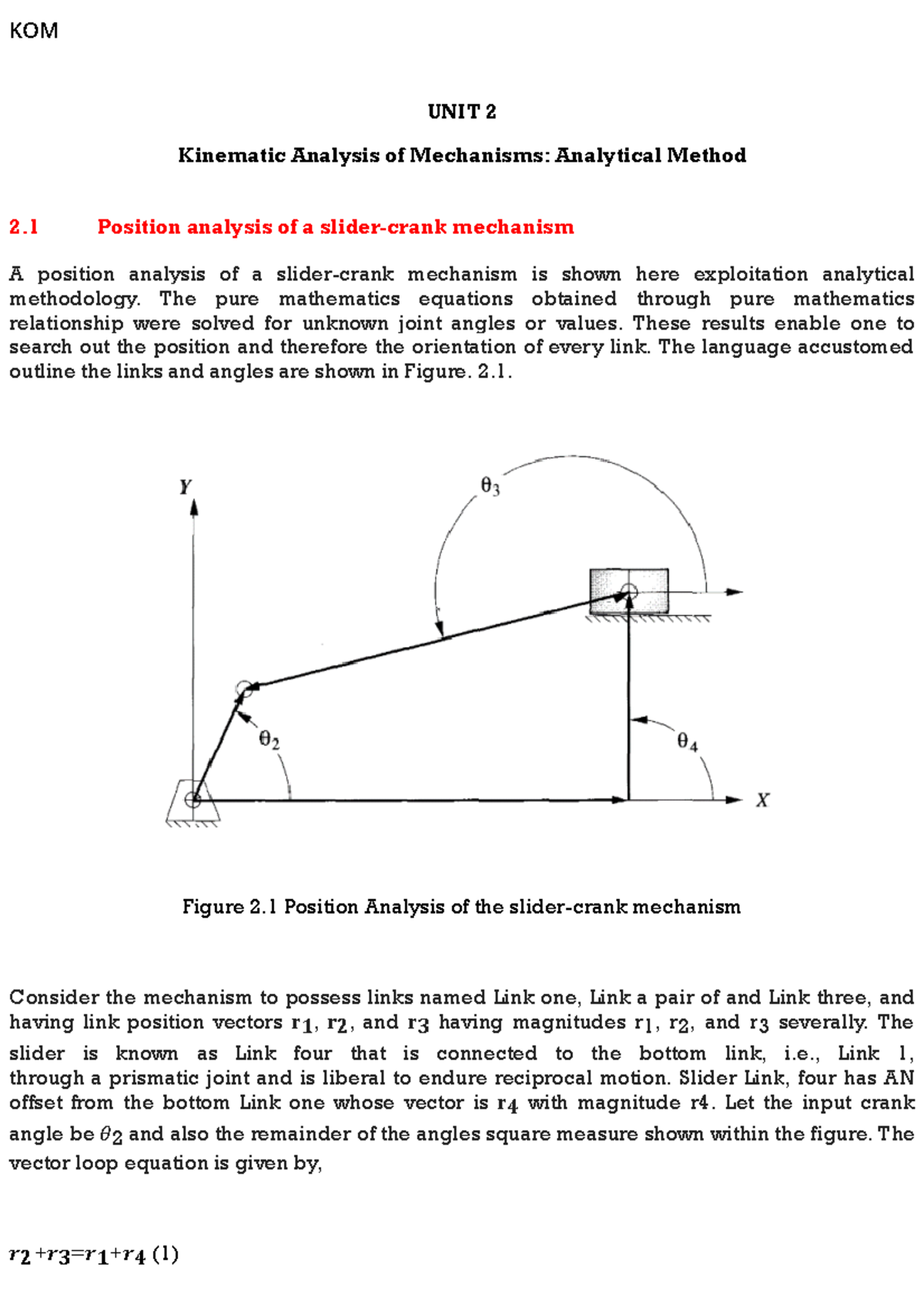 Unit 2 kinematic analysis of mechanisms analytical method 3 - KOM UNIT ...