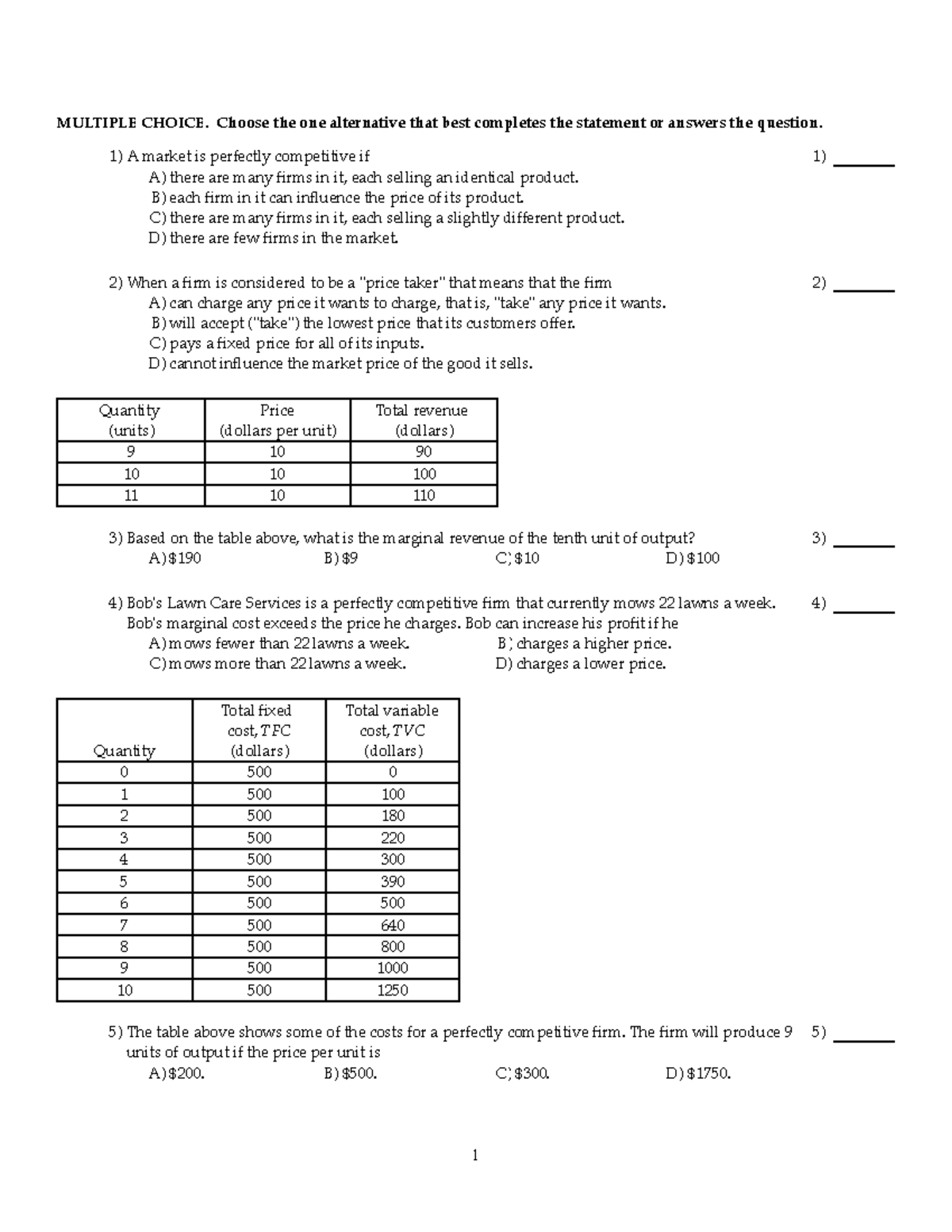 Week10 Perfect competition - MULTIPLE CHOICE. Choose the one ...