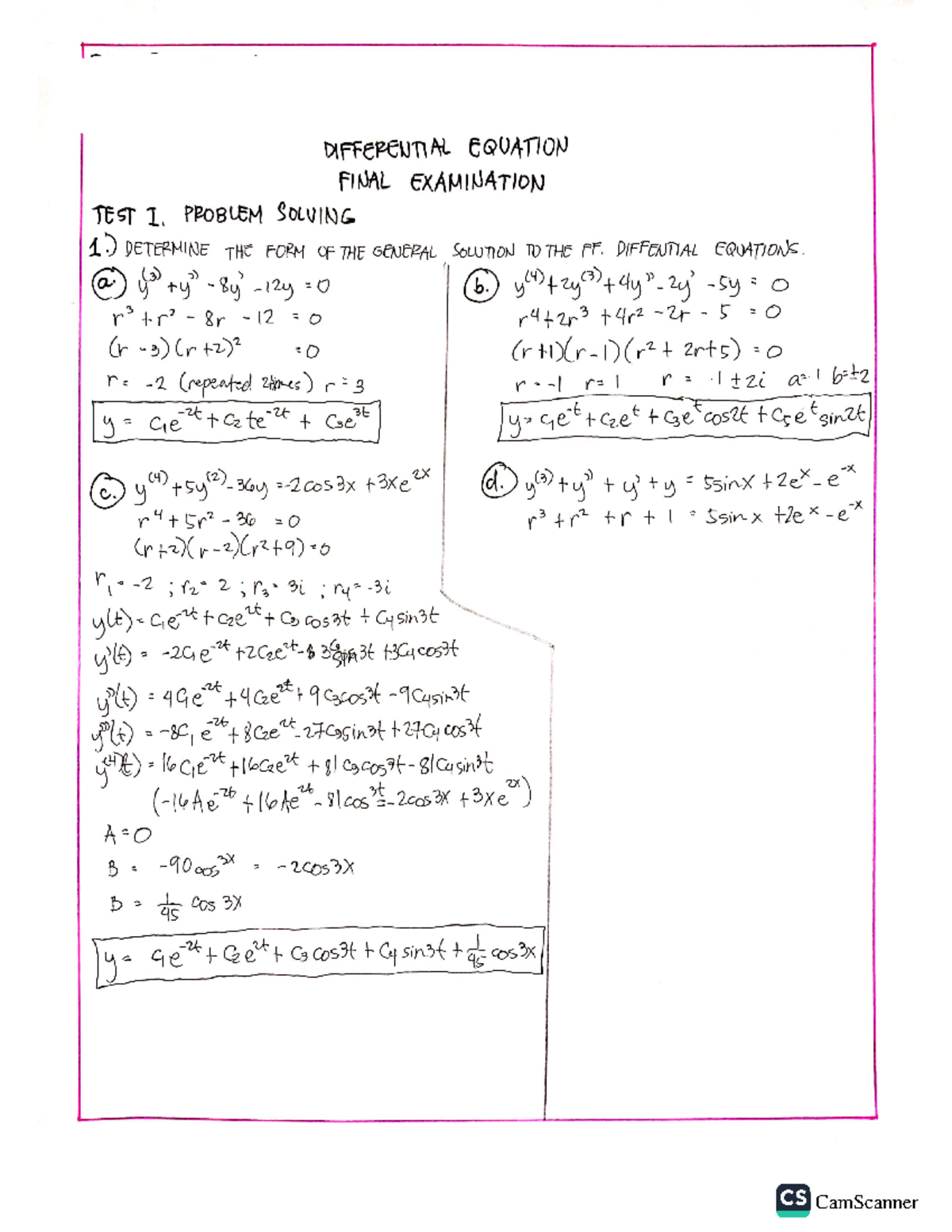 Differential Equations Final Examination Mechanical Engineering
