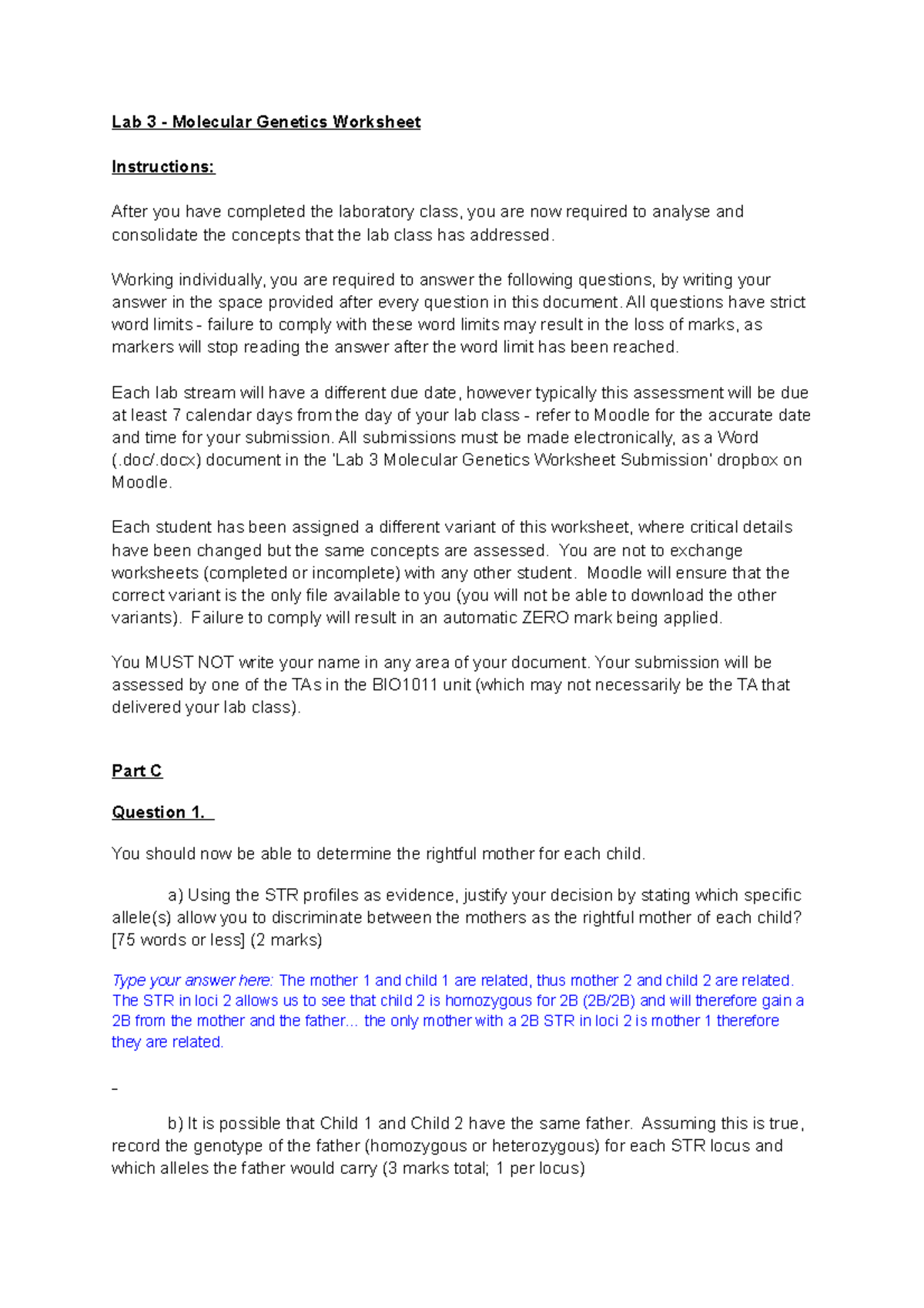 Lab 3 - Molecular Genetics Worksheet - Lab 3 - Molecular Genetics ...