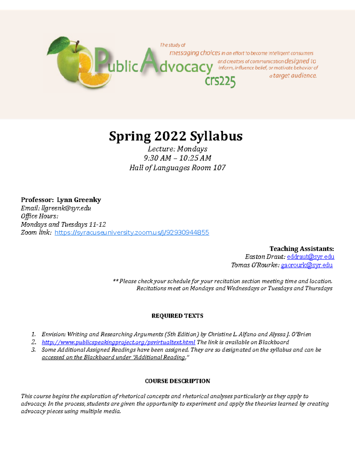 CRS 225 Syllabus Spring 2022 D5 - Spring 2022 Syllabus Lecture: Mondays ...