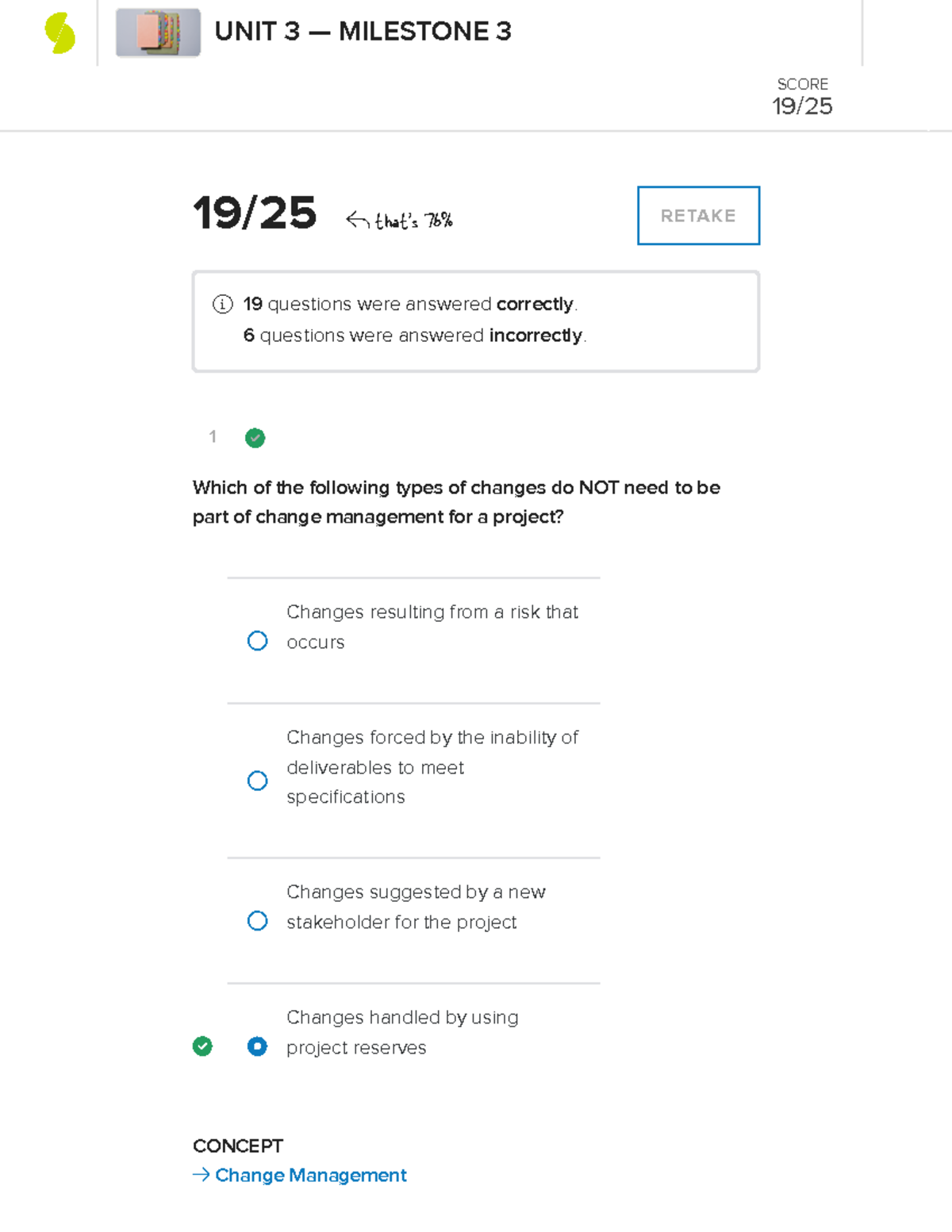 PM-Unit 3 - Milestone - 1 CONCEPT → Change Management 19/25 ߍ that's 76 ...