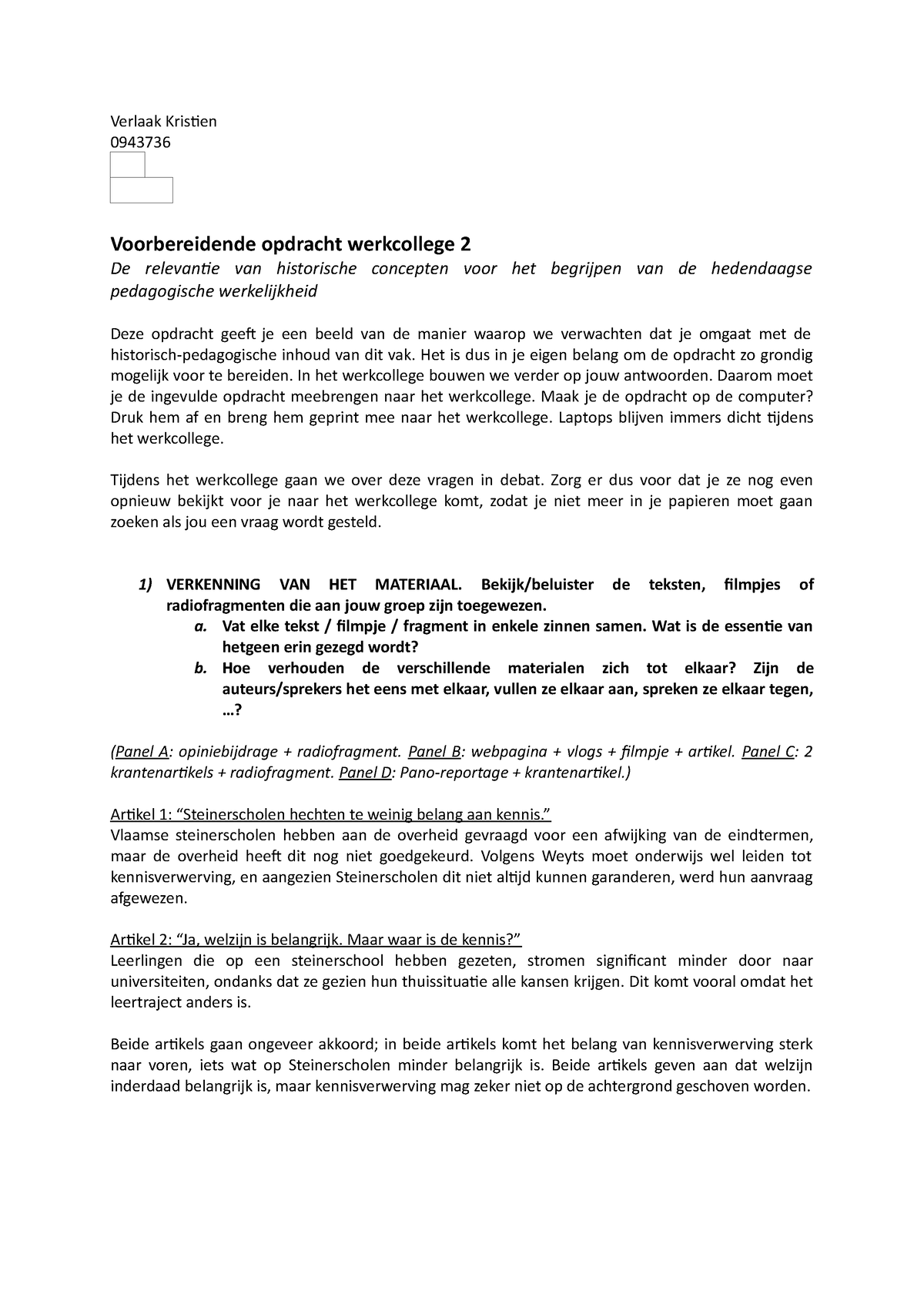 Werkcollege 2 - Verlaak Kristien 0943736 Voorbereidende Opdracht ...