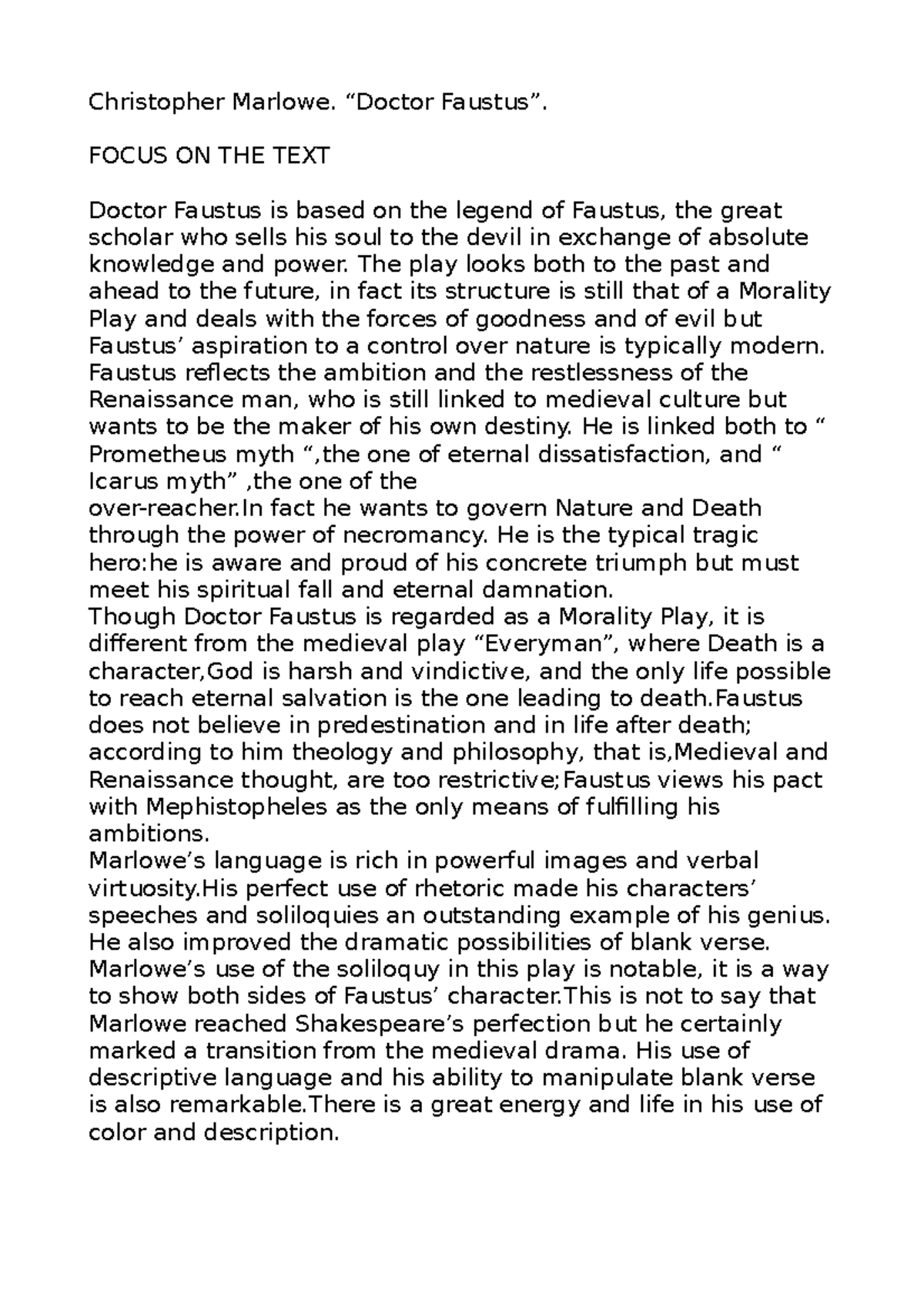 DR. Faustus BY Marlowe riassunto per il liceo Christopher Marlowe
