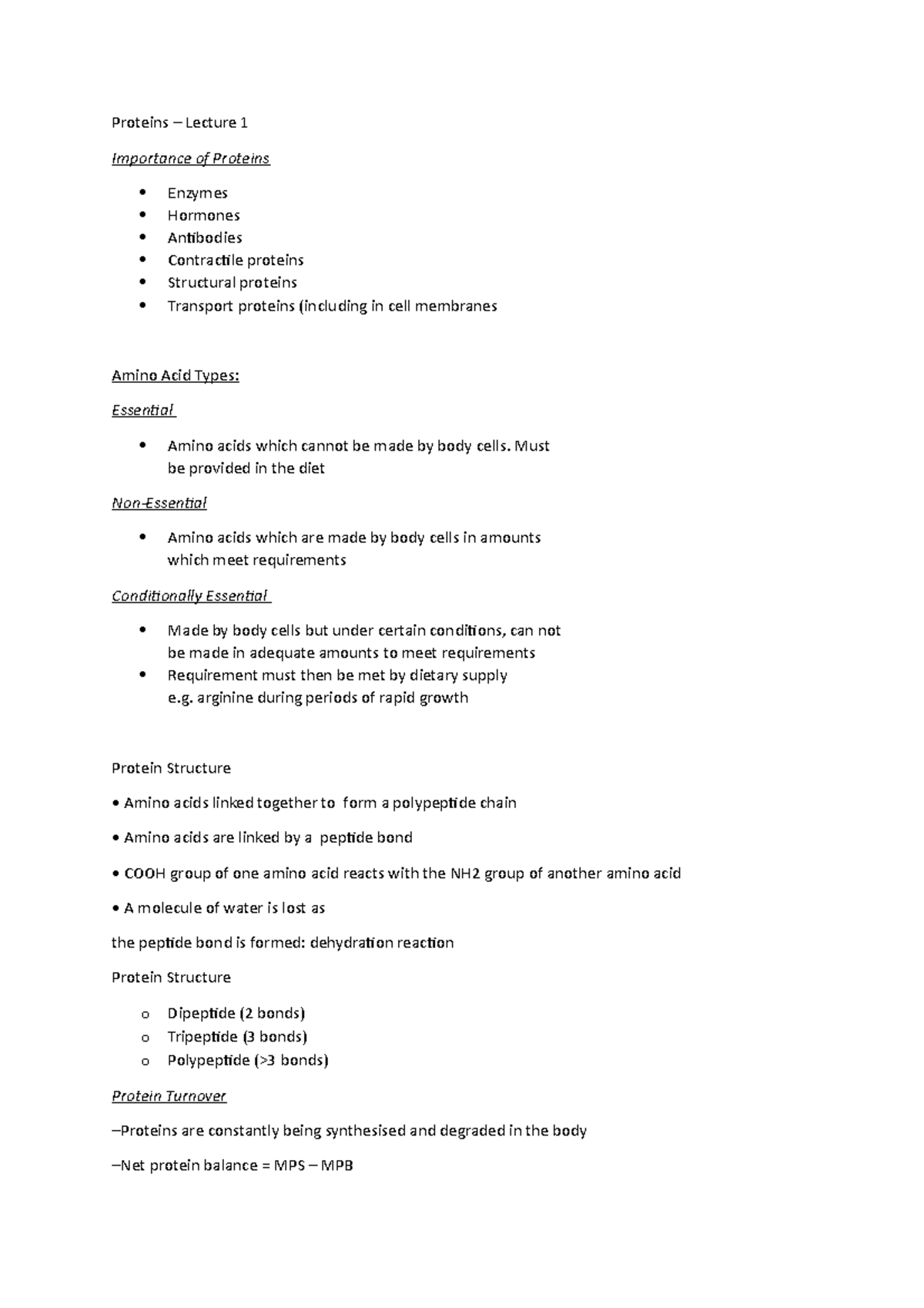 Proteins Lecture 1 - Proteins – Lecture 1 Importance of Proteins ...