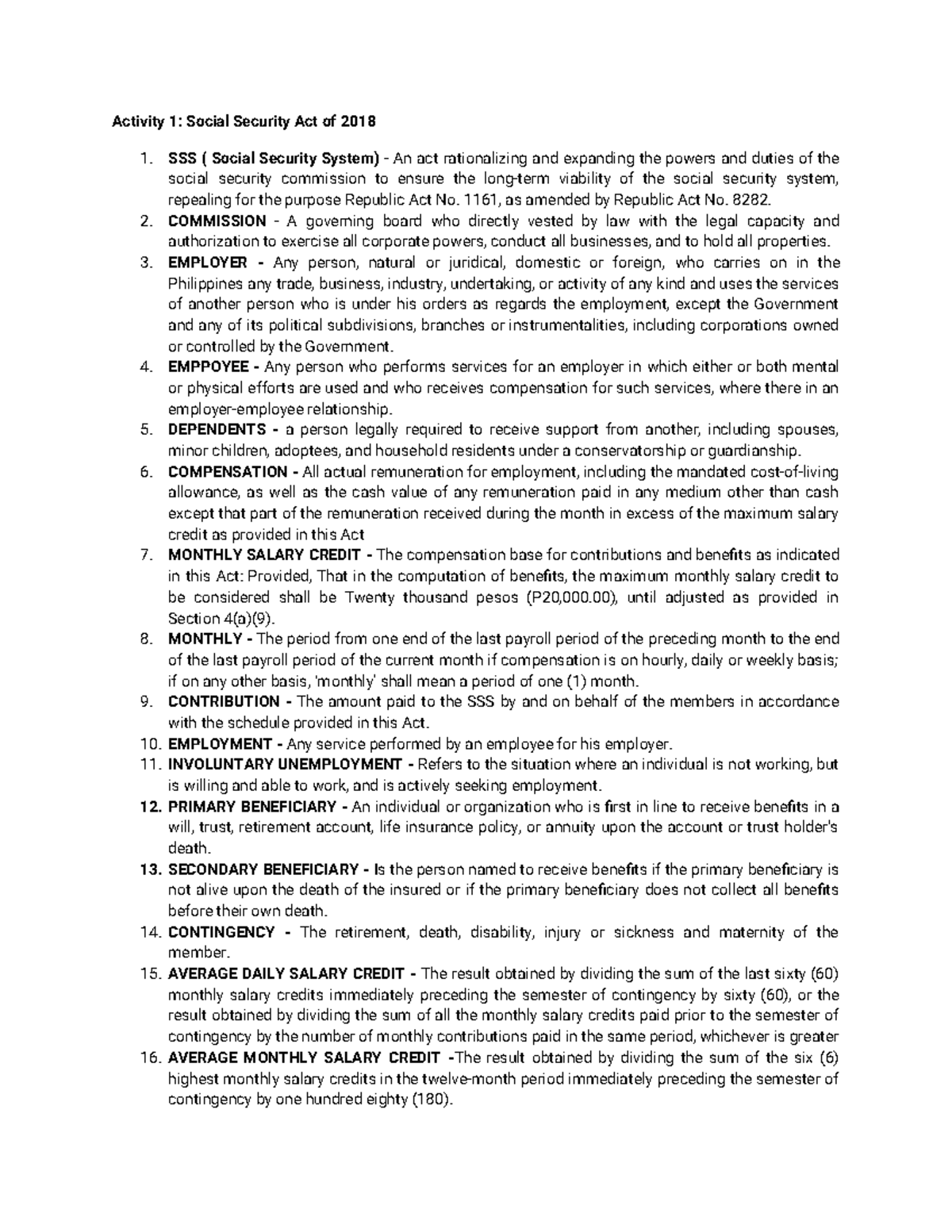 Social Security LAW OF 2018 - Activity 1&2 SOL, Cassandra Valerie ...