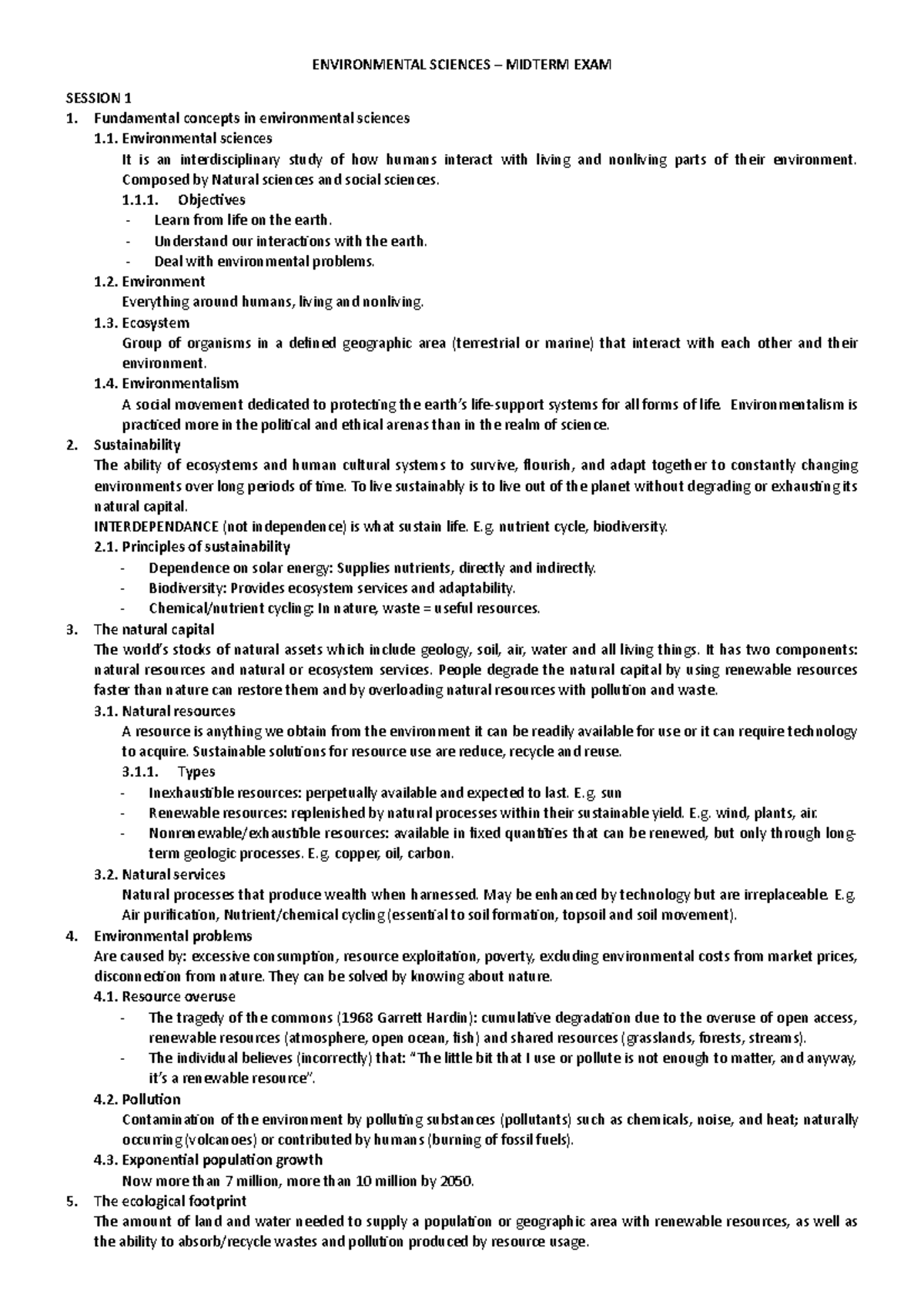Environmental Sciences Midterm EXAM Summary - ENVIRONMENTAL SCIENCES ...