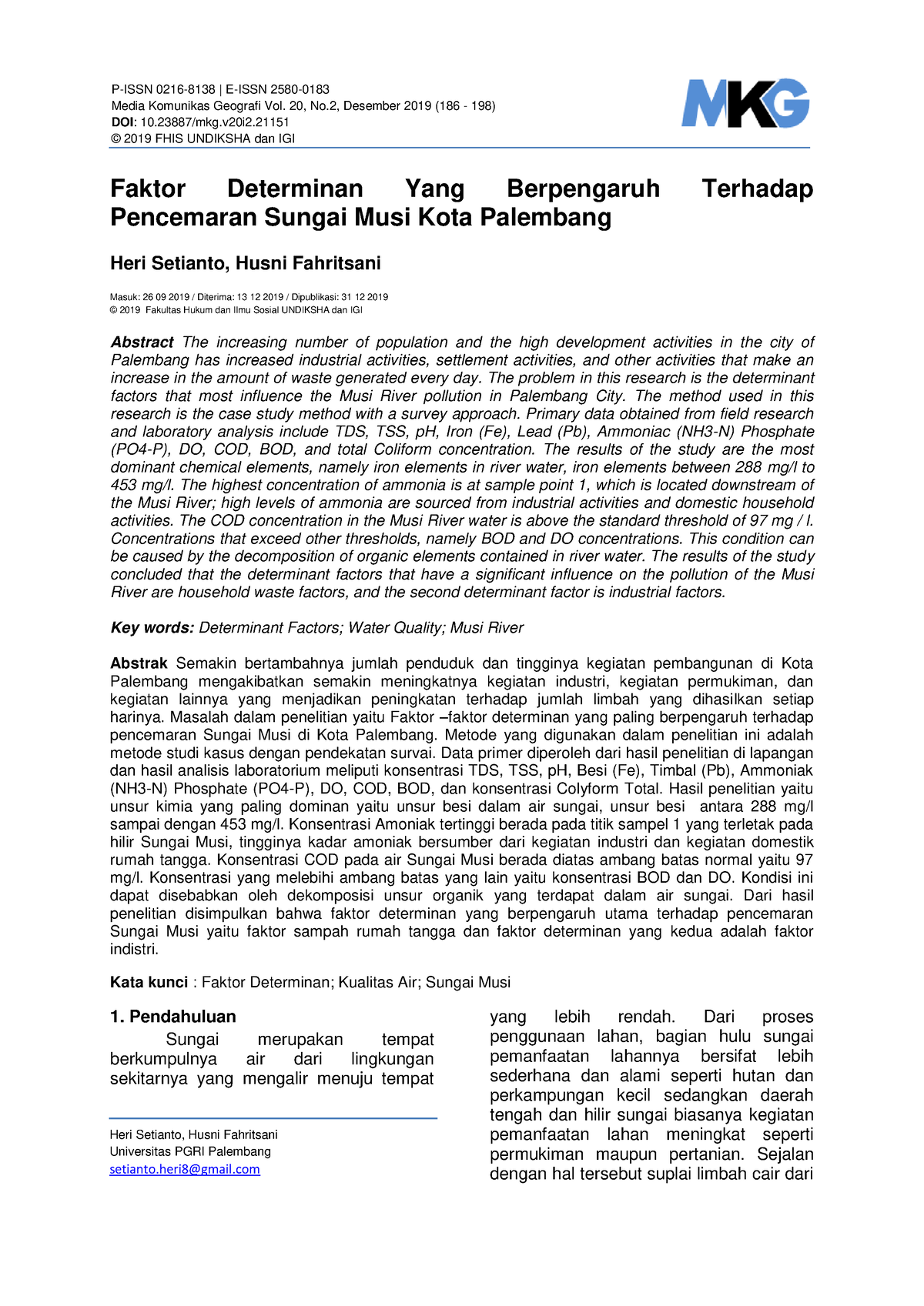 Faktor Determinan Yang Berpengaruh Terhadap Pencemaran Sungai Musi Kota