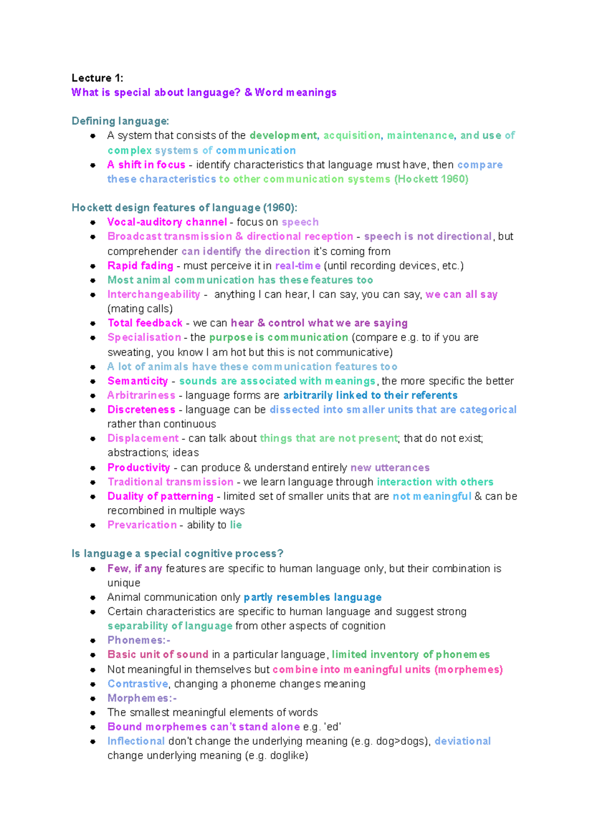 Language & Cognition - Lecture notes 1-19 - Lecture 1: What is special ...