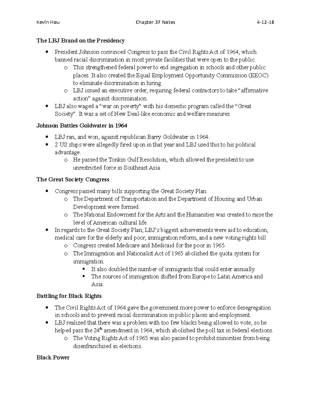 Ch. 37 Notes - The LBJ Brand on the Presidency President Johnson ...