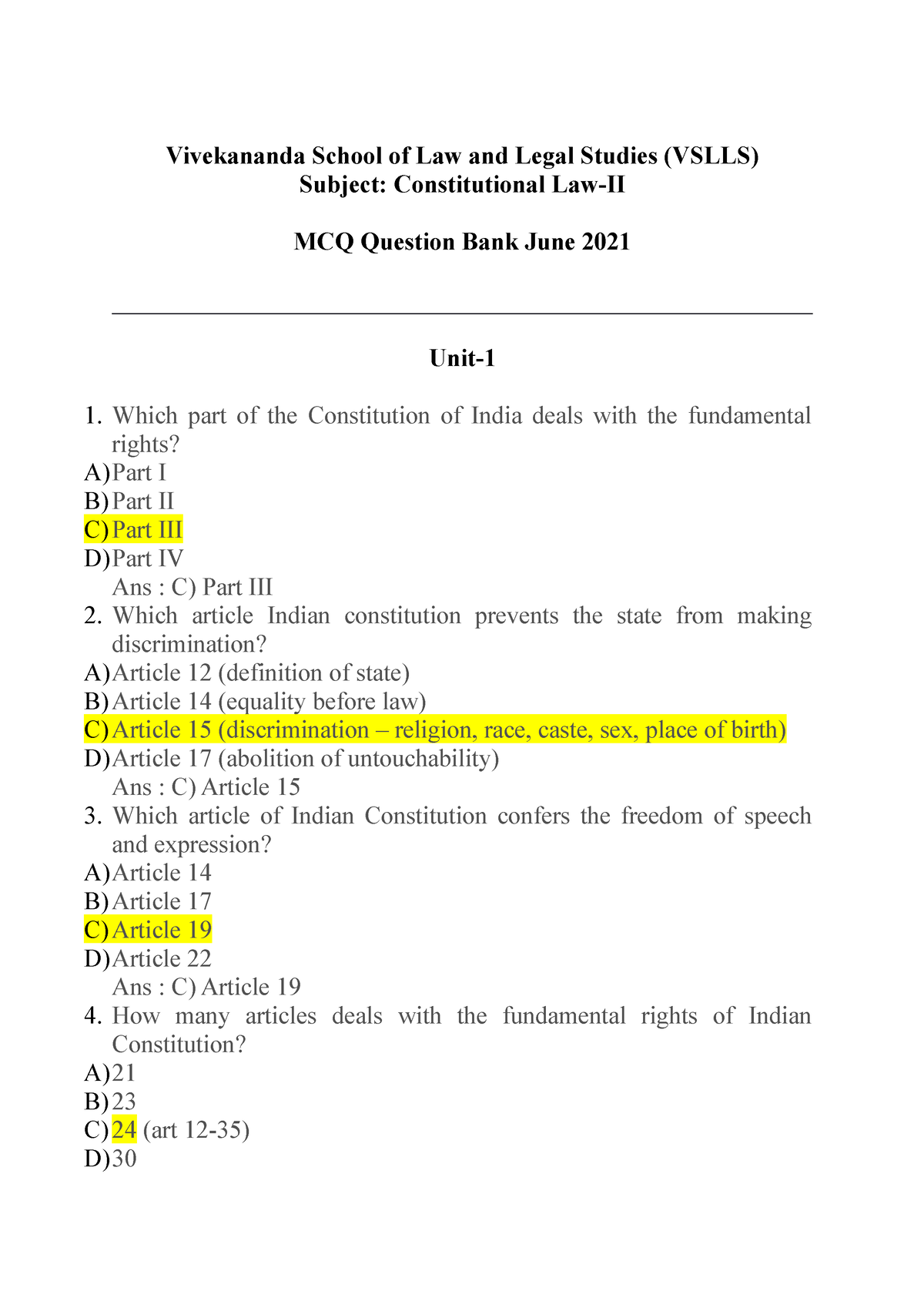 1. Constitutional Law II MCQ Question Bank Bank - Vivekananda School Of ...